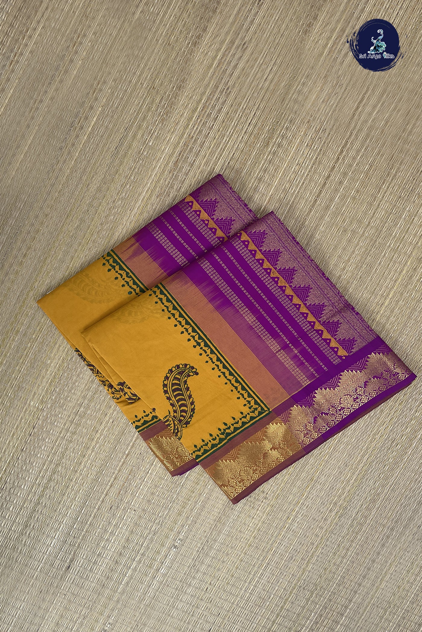 Mustard Yellow Kanchi Semi Silk Cotton Saree With Printed Pattern