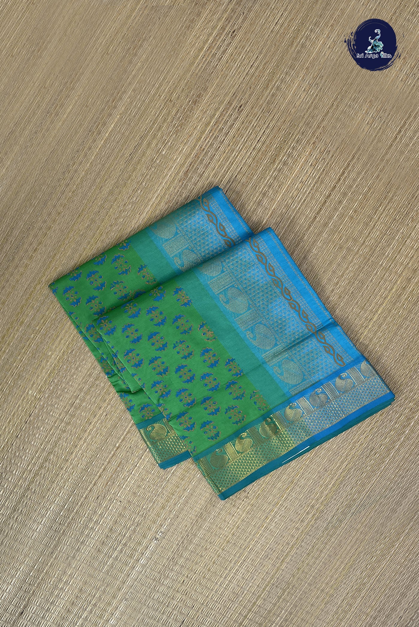 Parrot Green Kanchi Semi Silk Cotton Saree With Printed Pattern