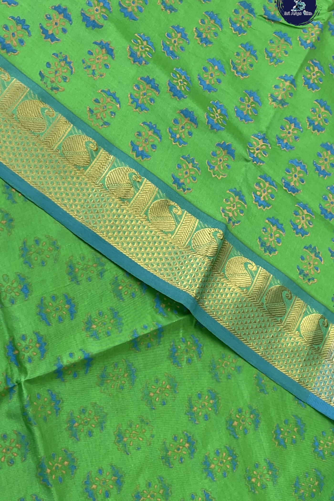Parrot Green Kanchi Semi Silk Cotton Saree With Printed Pattern