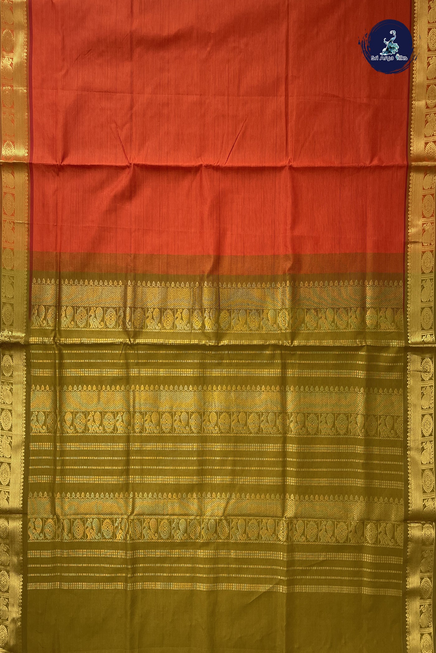 Orange Kanchi Semi Silk Cotton Saree With Vaira Oosi Pattern