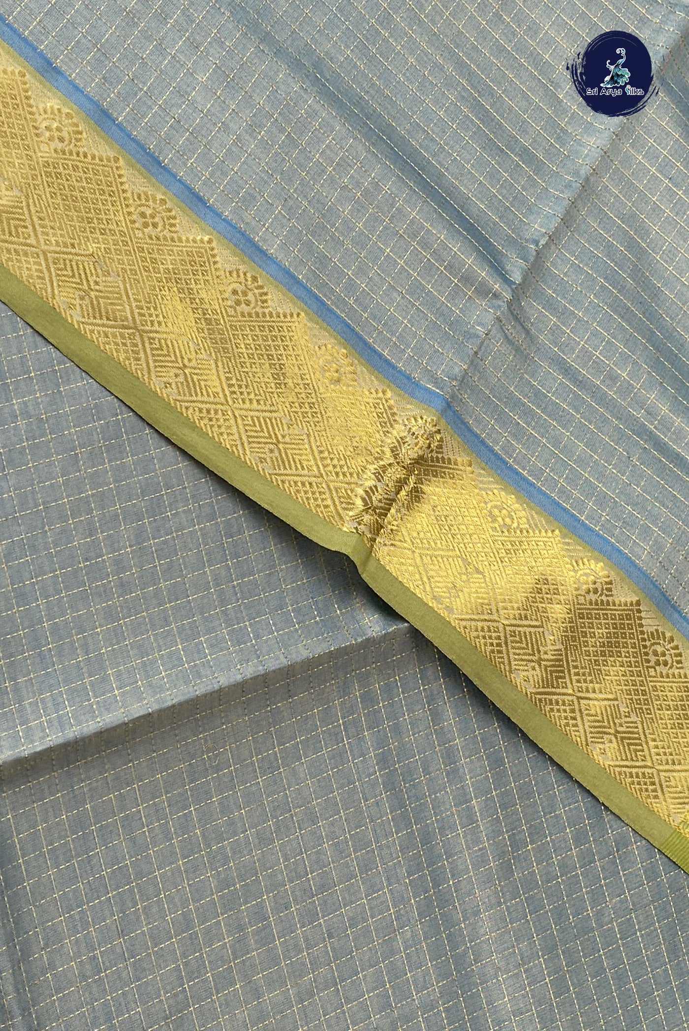 Bluish Grey Kanchi Semi Silk Cotton Saree With Zari Checked Pattern