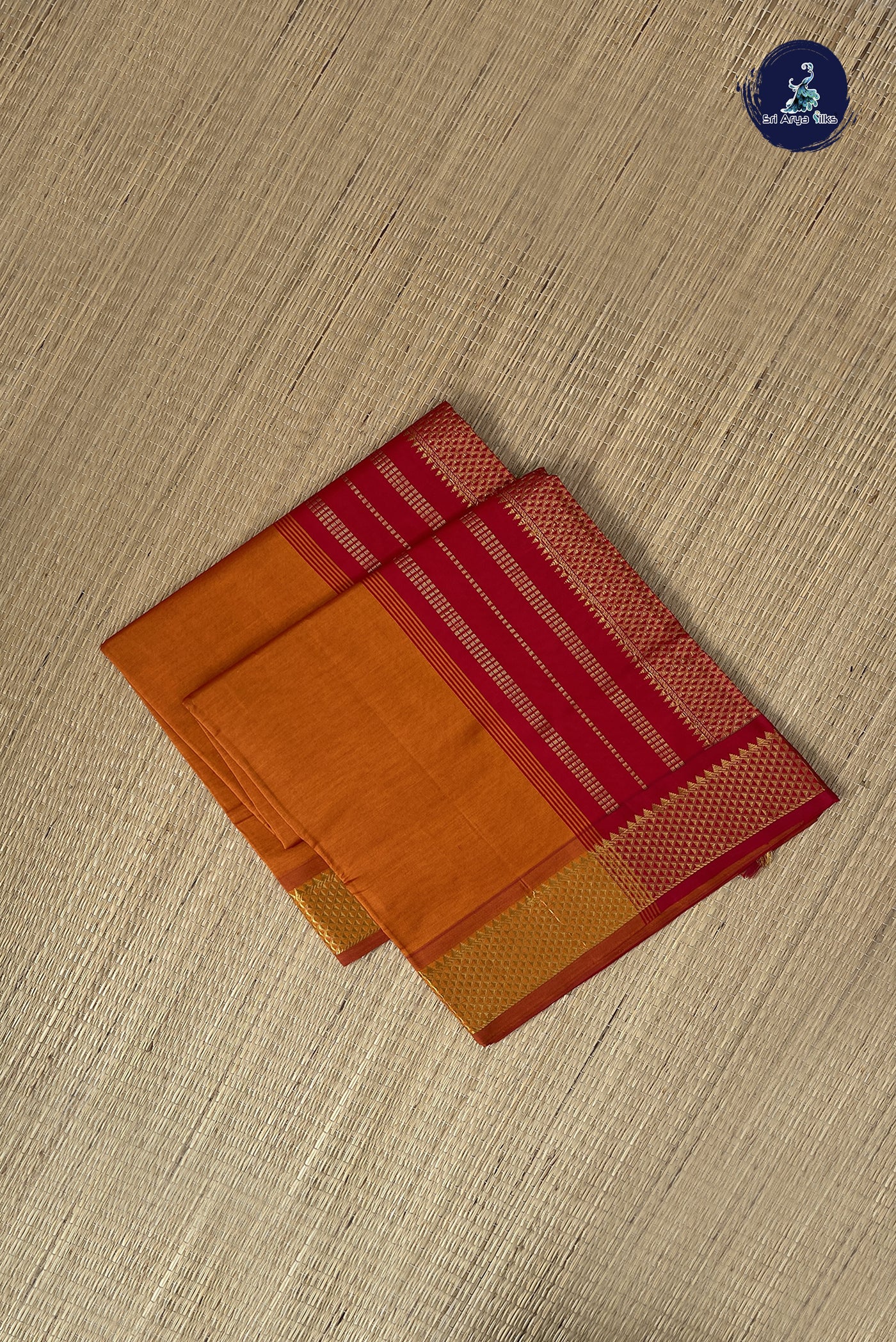 Lite Mustard Orange Kanchi Semi Silk Cotton Saree With Plain Pattern