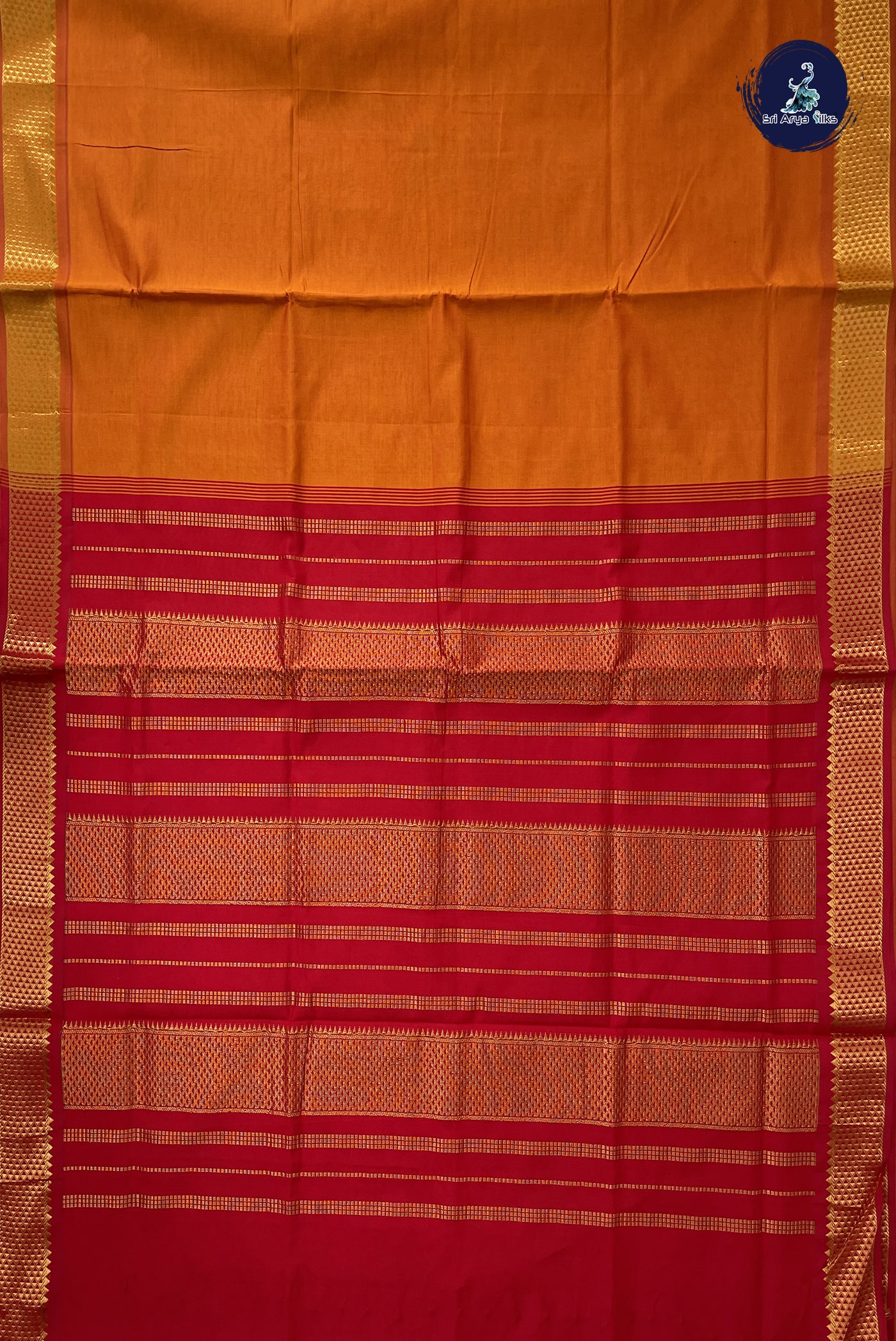 Lite Mustard Orange Kanchi Semi Silk Cotton Saree With Plain Pattern