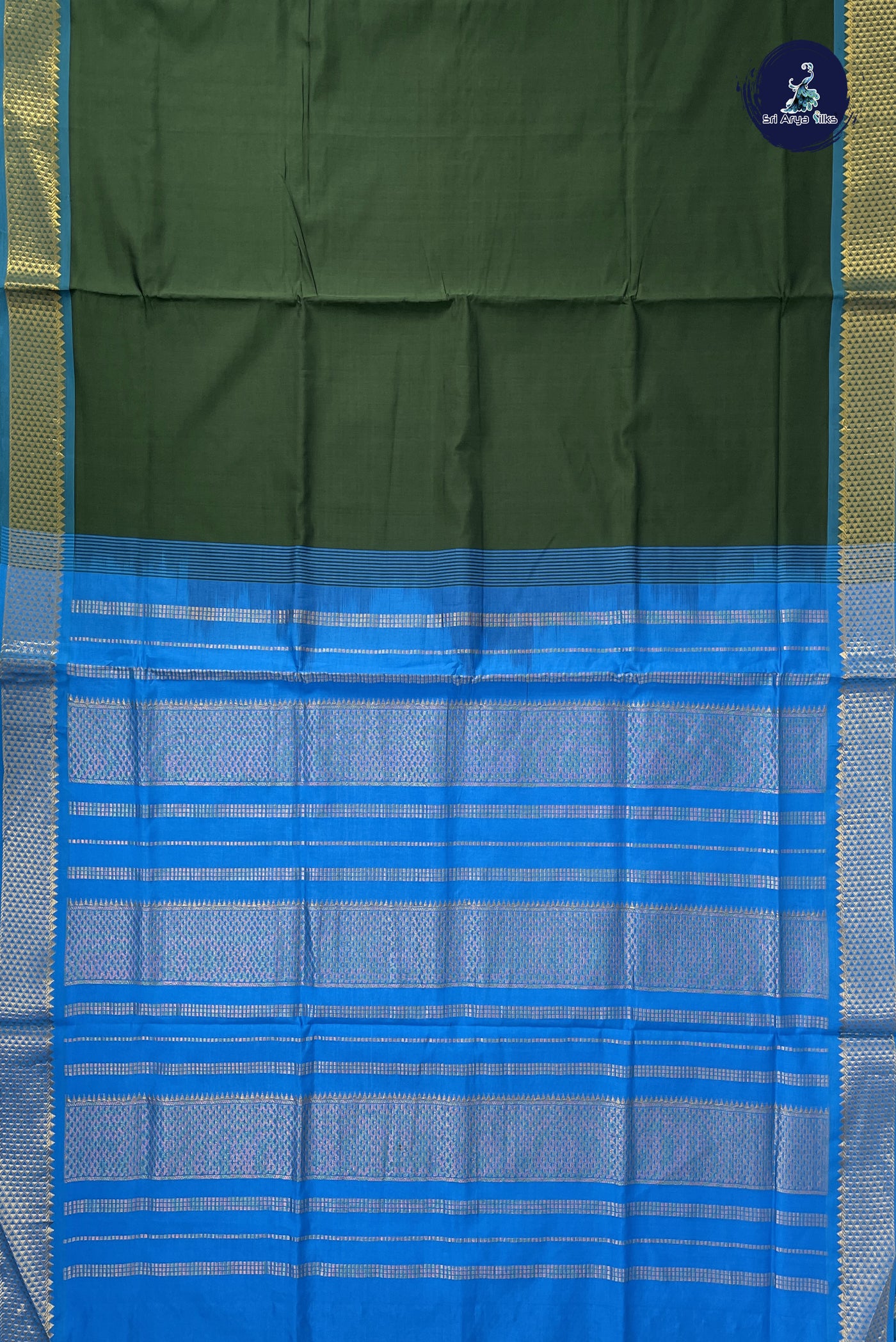 Dark Green Kanchi Semi Silk Cotton Saree With Plain Pattern