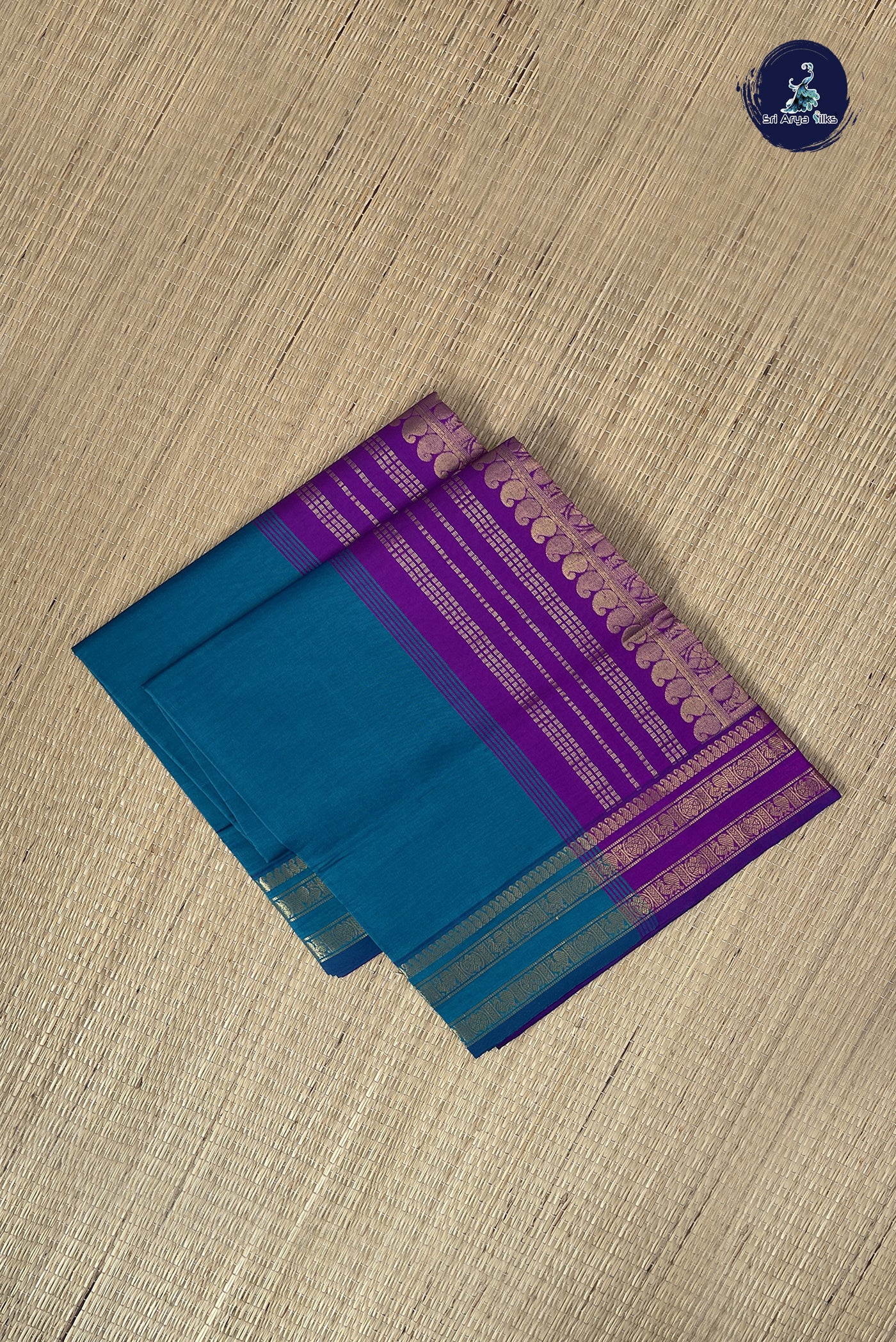 Peacock Green Kanchi Semi Silk Cotton Saree With Plain Pattern