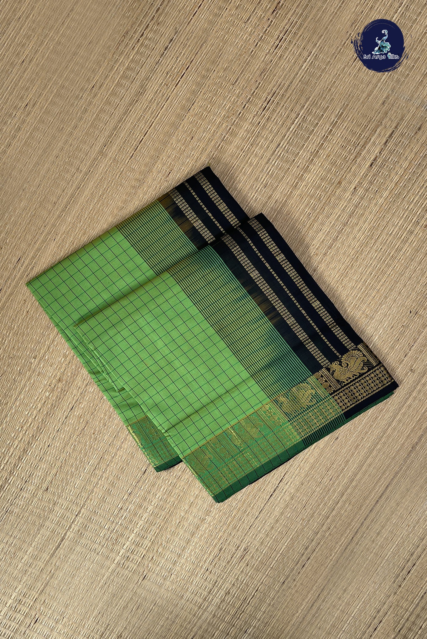 Light Green Kanchi Semi Silk Cotton Saree With Checked Pattern