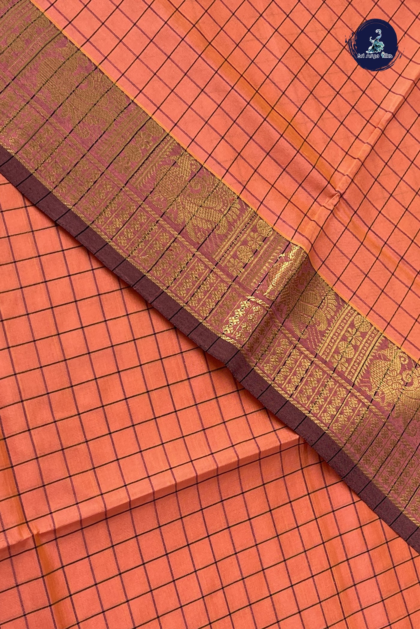Peach Kanchi Semi Silk Cotton Saree With Checked Pattern