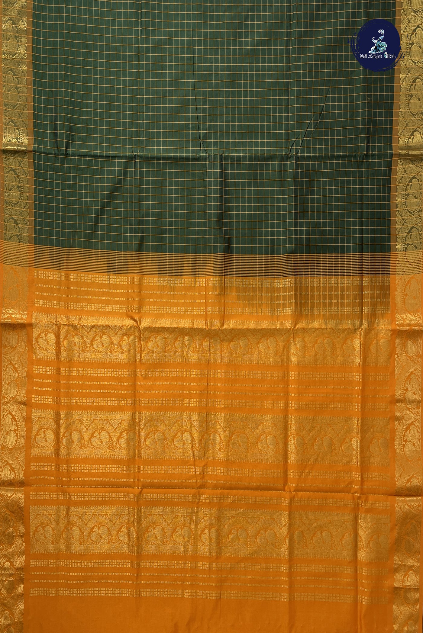 Dark Green Kanchi Semi Silk Cotton Saree With Checked Pattern