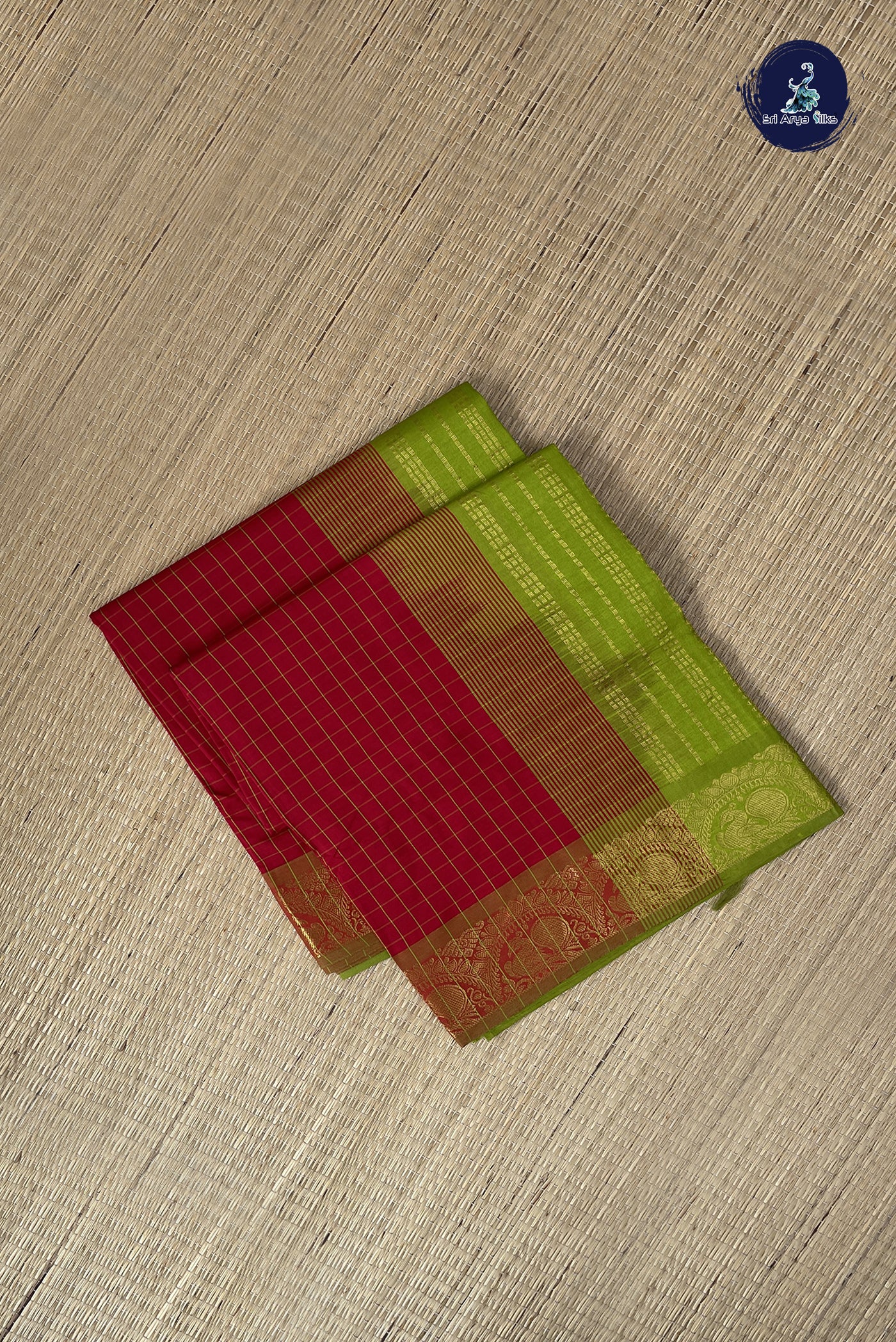 Red Kanchi Semi Silk Cotton Saree With Checked Pattern