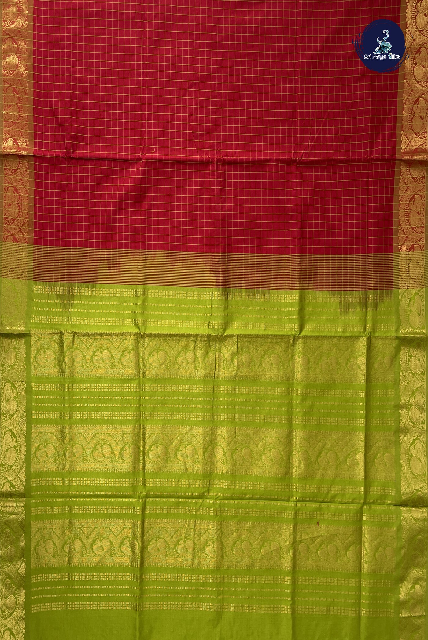 Red Kanchi Semi Silk Cotton Saree With Checked Pattern