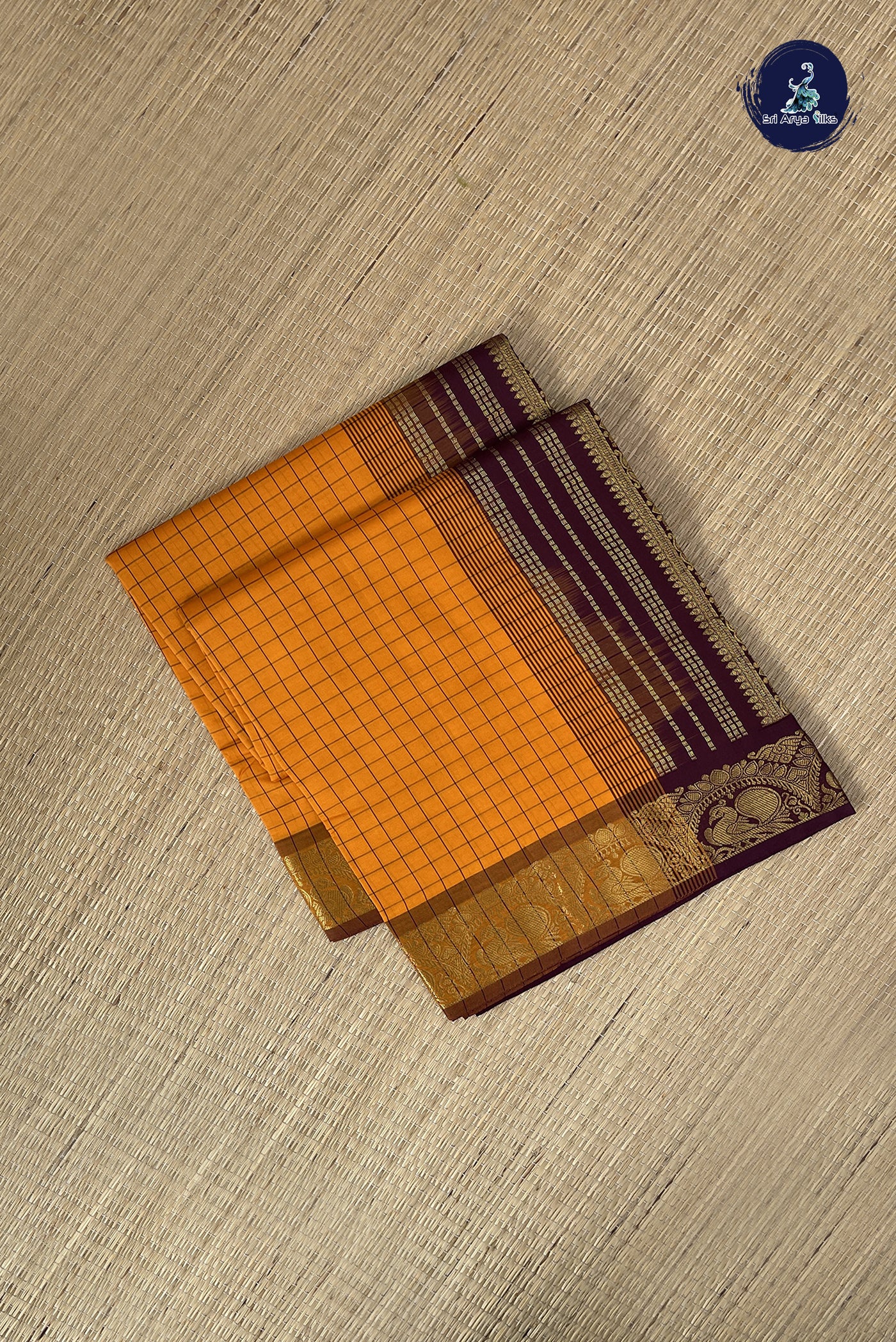 Mustard Yellow Kanchi Semi Silk Cotton Saree With Checked Pattern