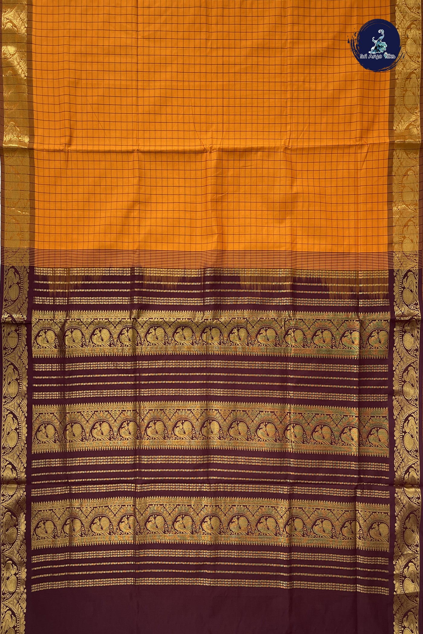 Mustard Yellow Kanchi Semi Silk Cotton Saree With Checked Pattern