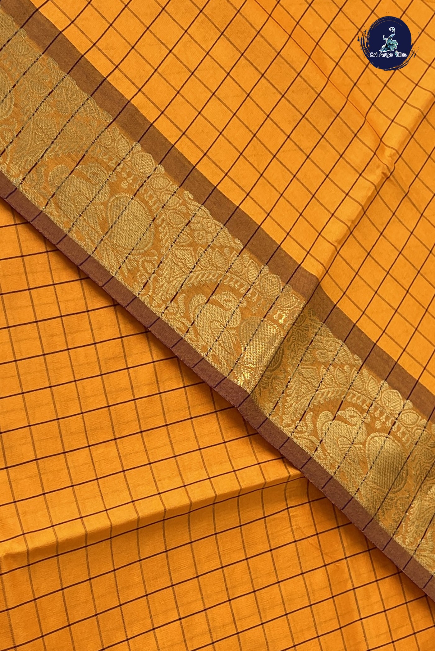 Mustard Yellow Kanchi Semi Silk Cotton Saree With Checked Pattern