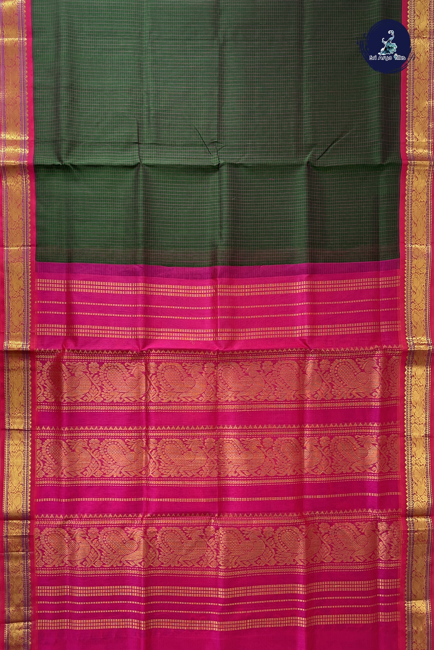 Bottle Green Checked Saree With Checked Pattern
