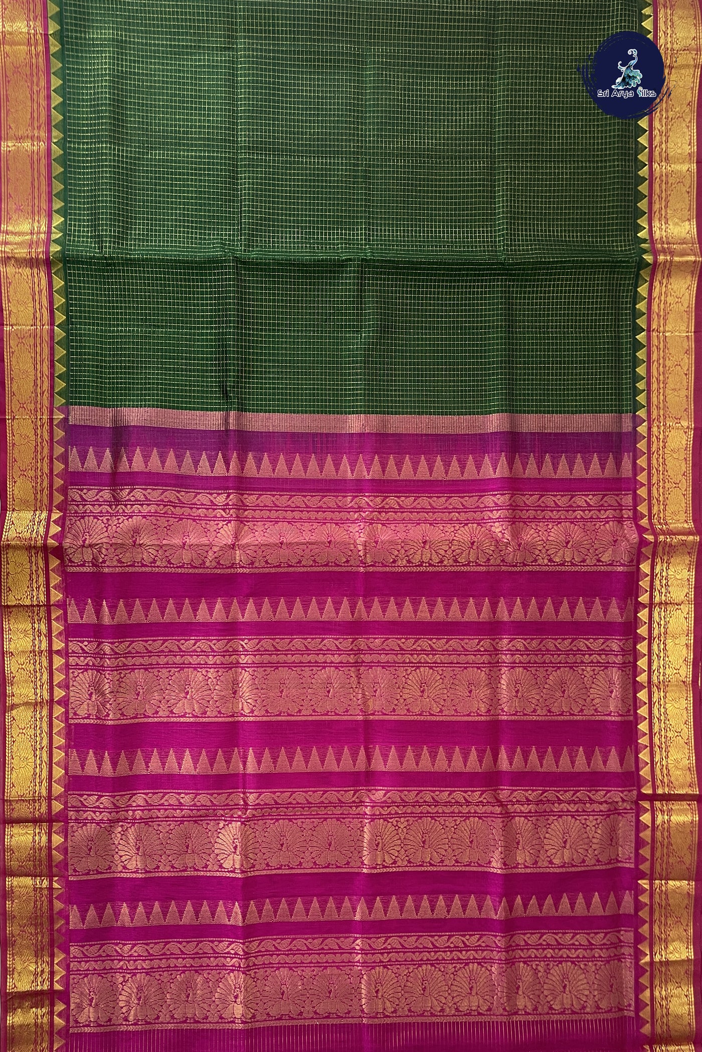 Bottle Green Checked Saree With Zari Checked Pattern