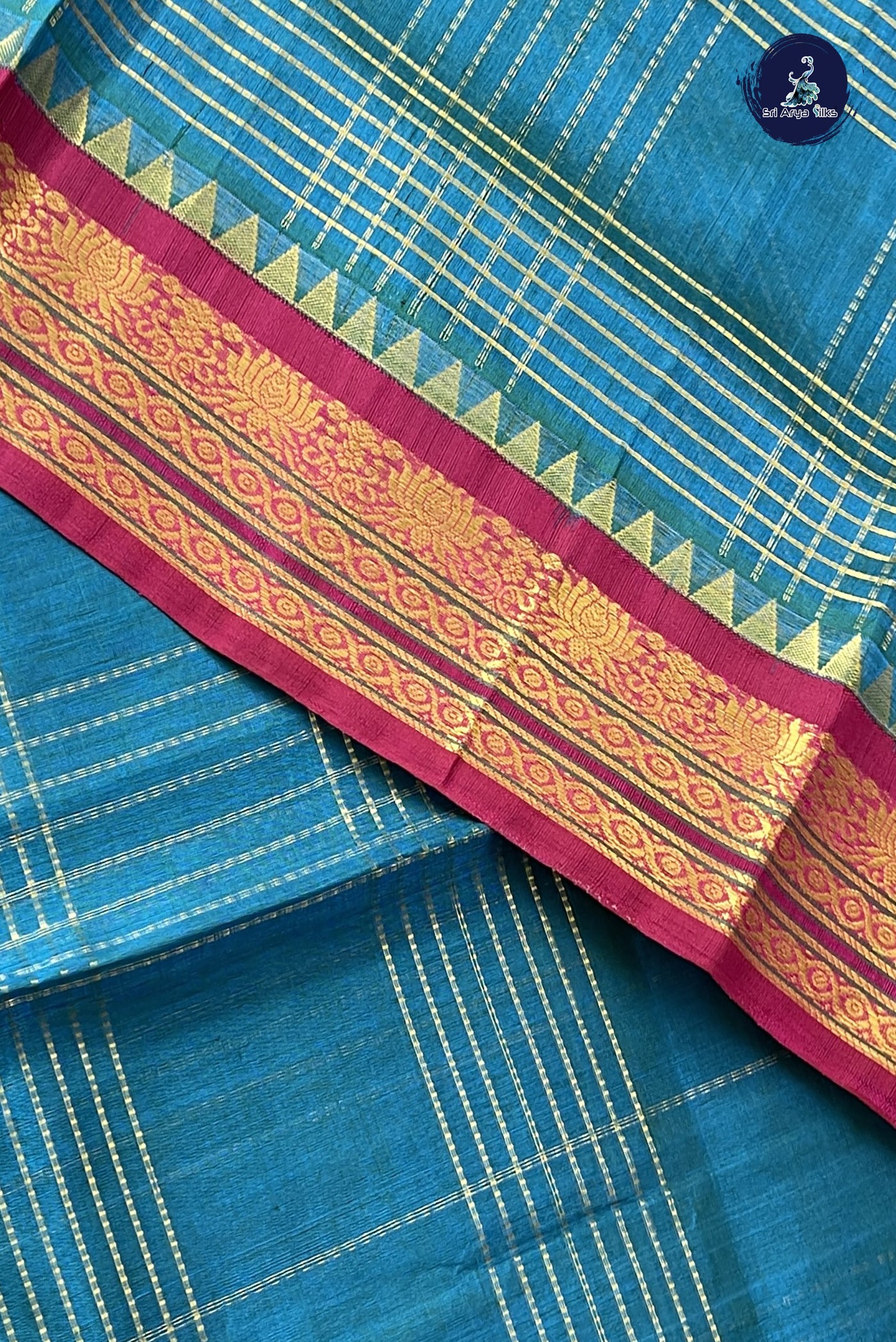 Peacock Blue Checked Saree With Zari Checked Pattern