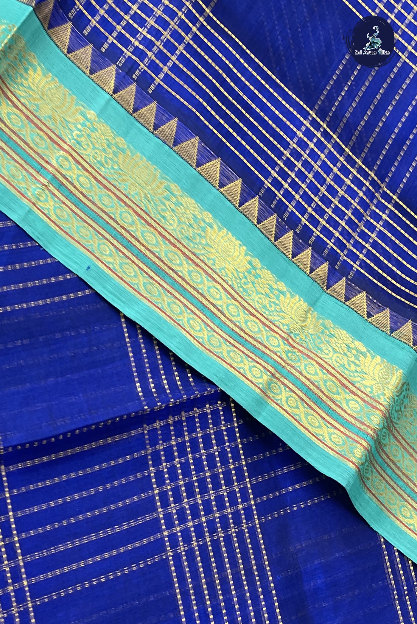 MS Blue Checked Saree With Zari Checked Pattern