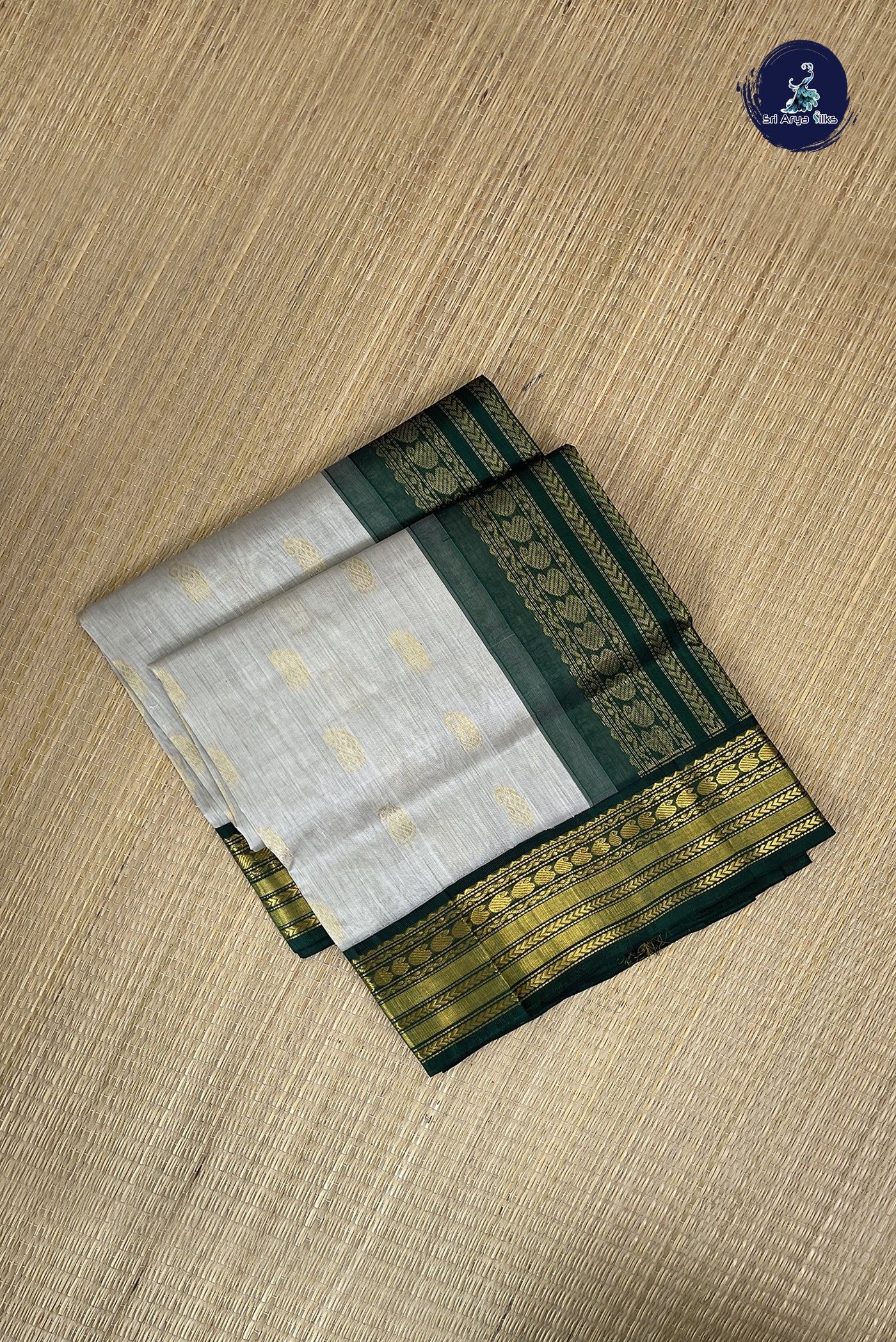 Silver Grey Korvai Silk Cotton Saree With Zari Buttas Pattern