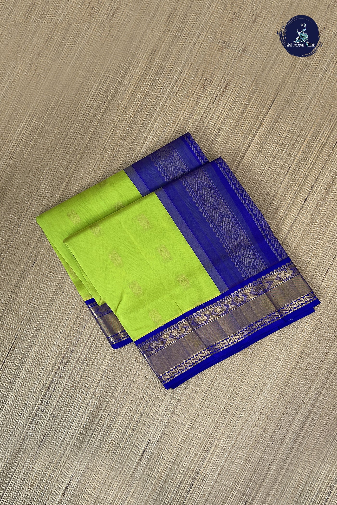 Flurocent Green Korvai Silk Cotton Saree With Zari Buttas Pattern