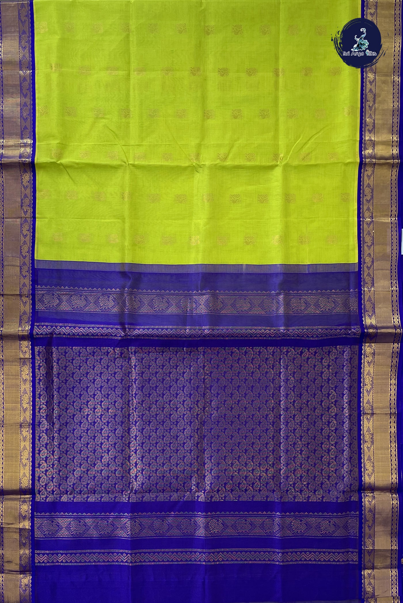 Flurocent Green Korvai Silk Cotton Saree With Zari Buttas Pattern