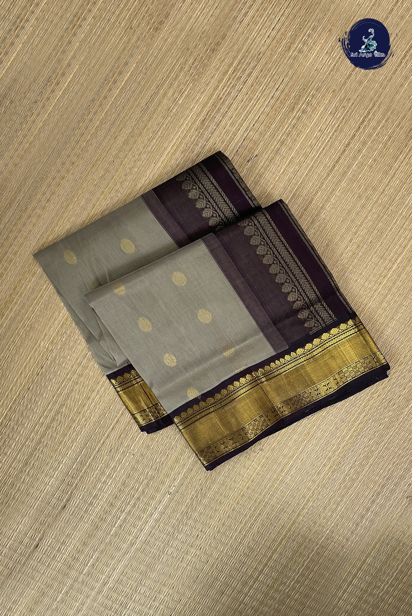 Grey Korvai Silk Cotton Saree With Zari Buttas Pattern
