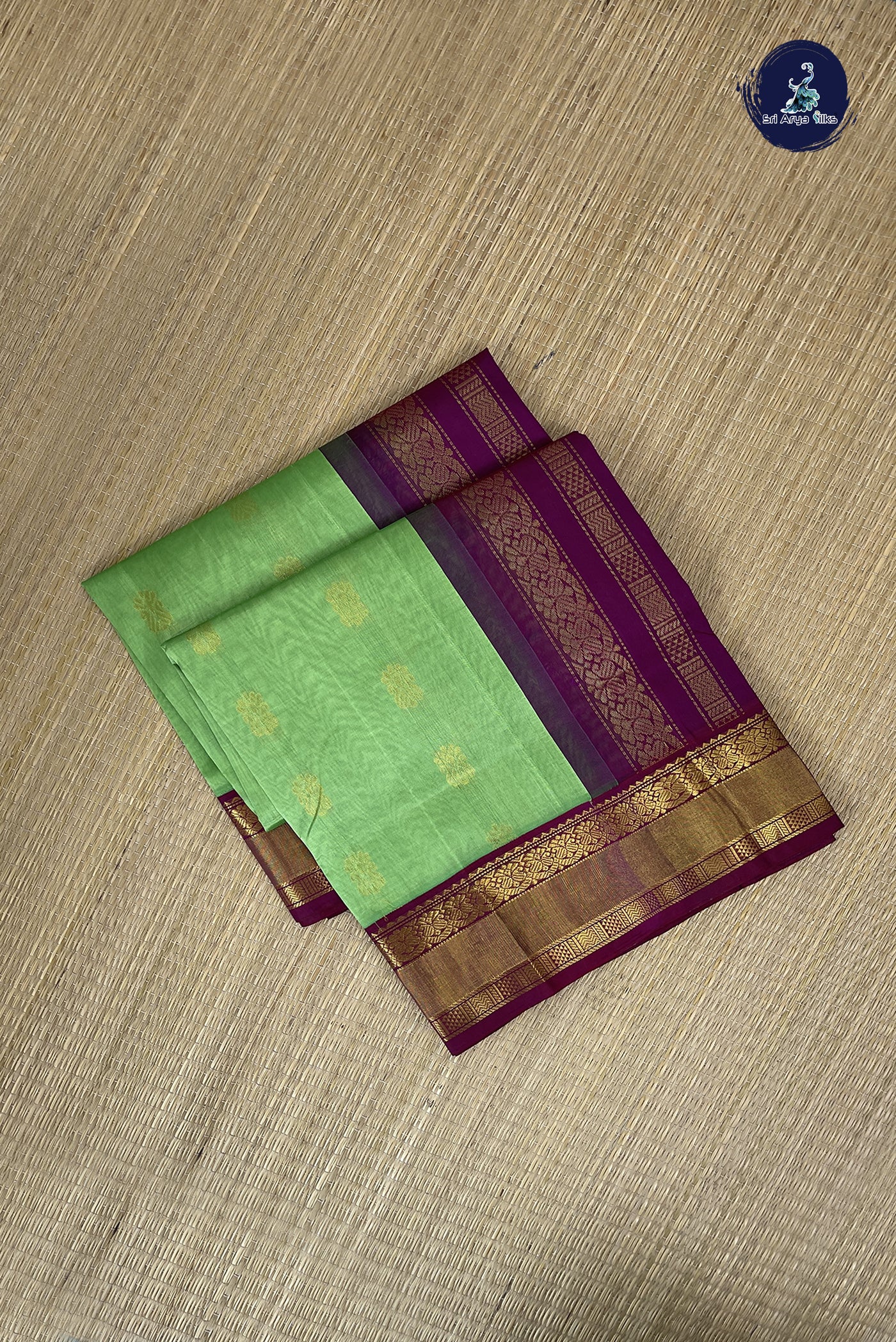 Green Korvai Silk Cotton Saree With Zari Buttas Pattern