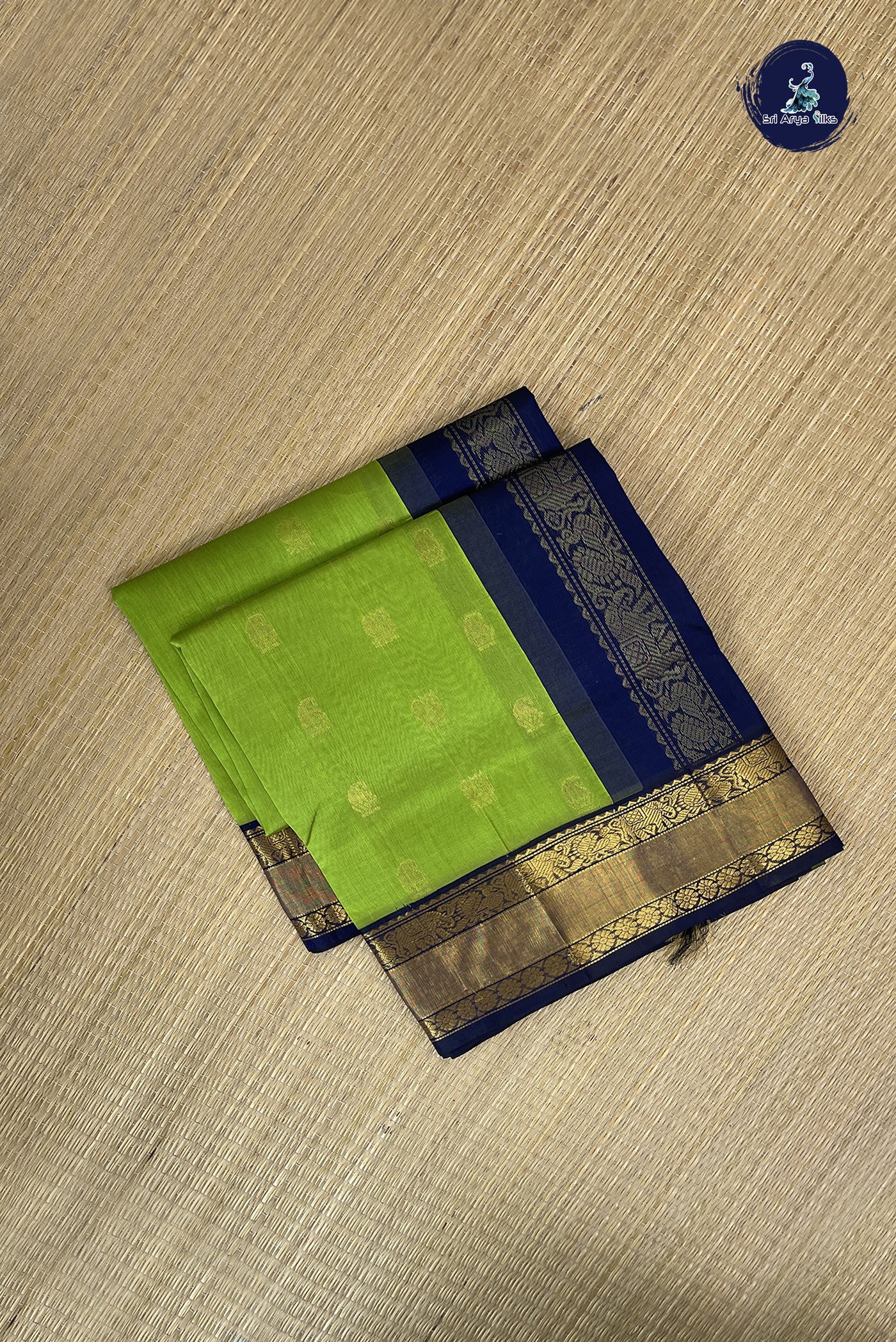 Parrot Green Korvai Silk Cotton Saree With Zari Buttas Pattern