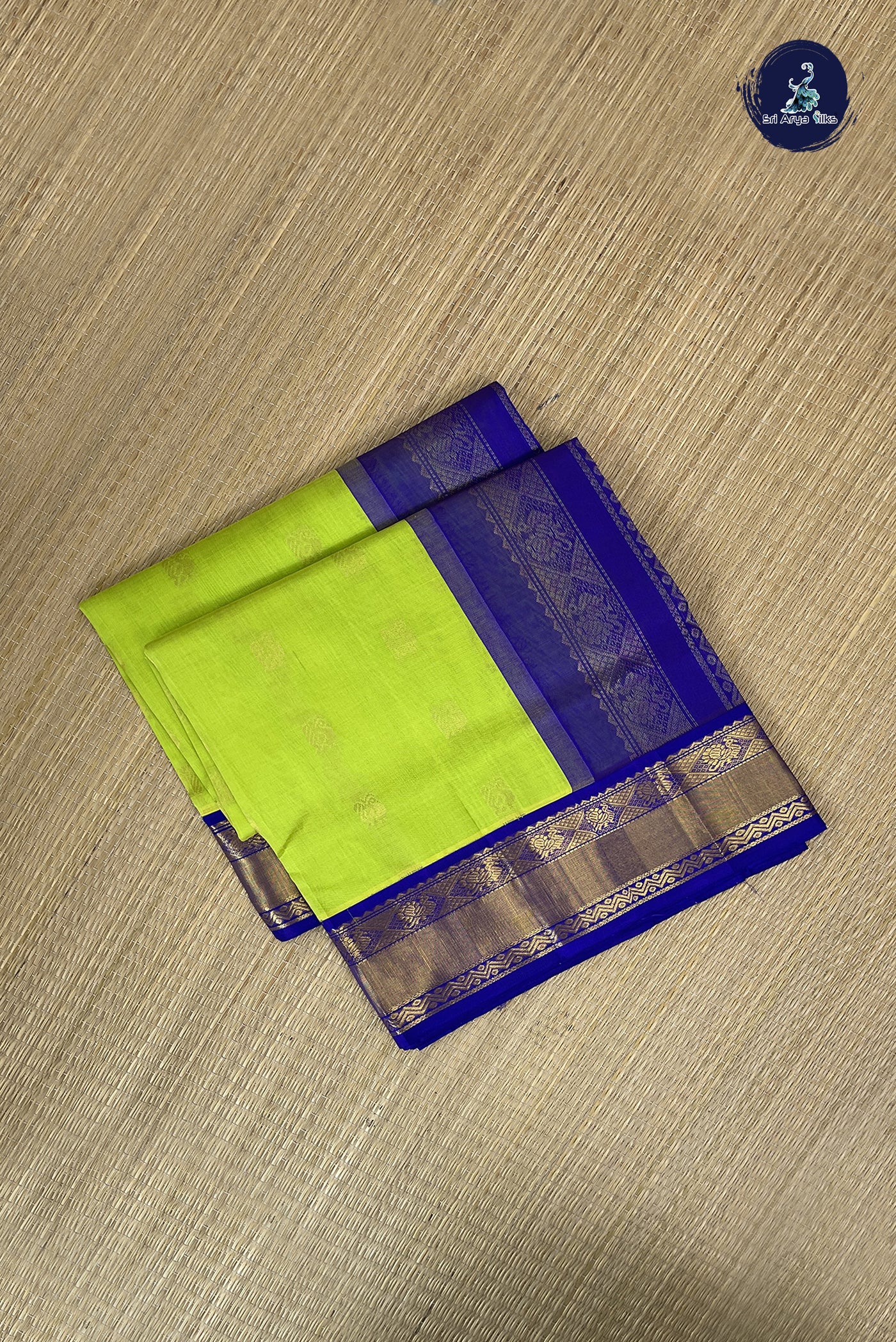 Flurocent Green Korvai Silk Cotton Saree With Zari Buttas Pattern
