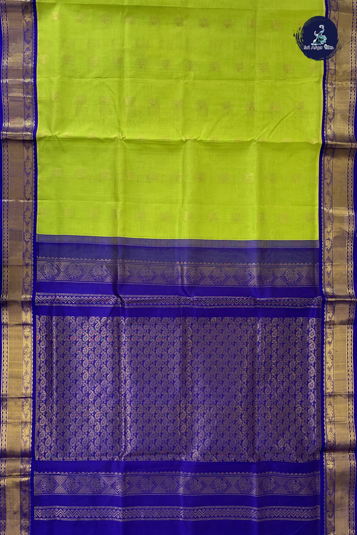 Flurocent Green Korvai Silk Cotton Saree With Zari Buttas Pattern