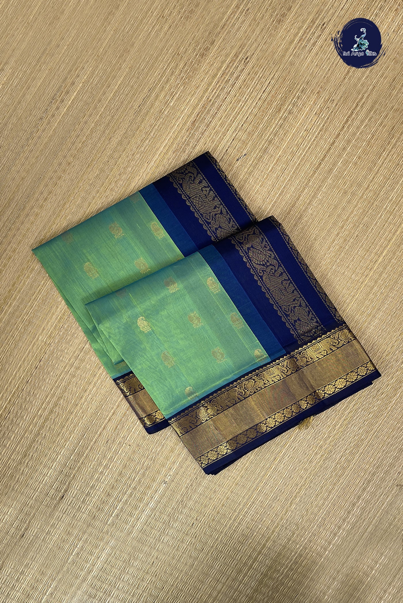 Bluish Green Korvai Silk Cotton Saree With Zari Buttas Pattern