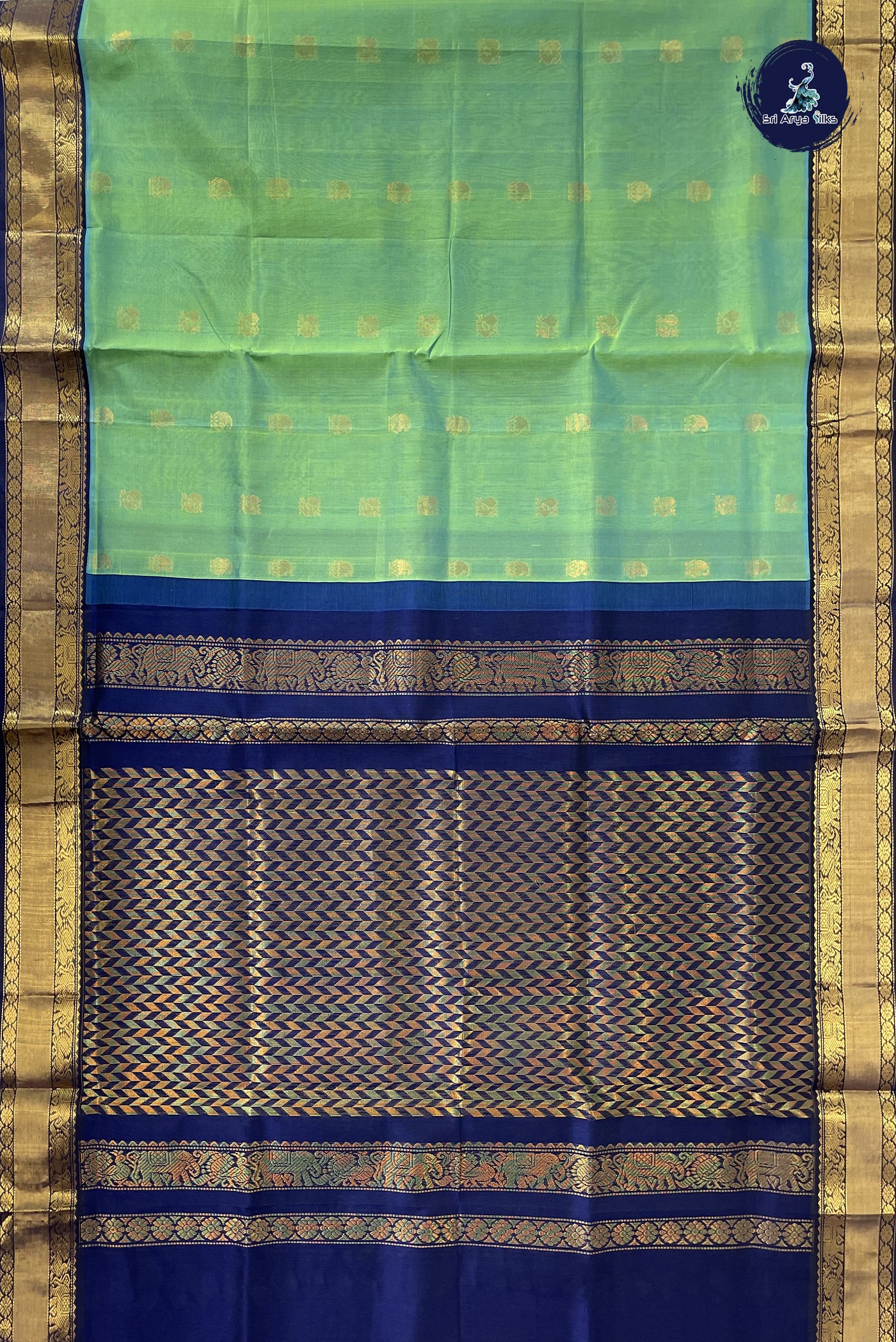 Bluish Green Korvai Silk Cotton Saree With Zari Buttas Pattern