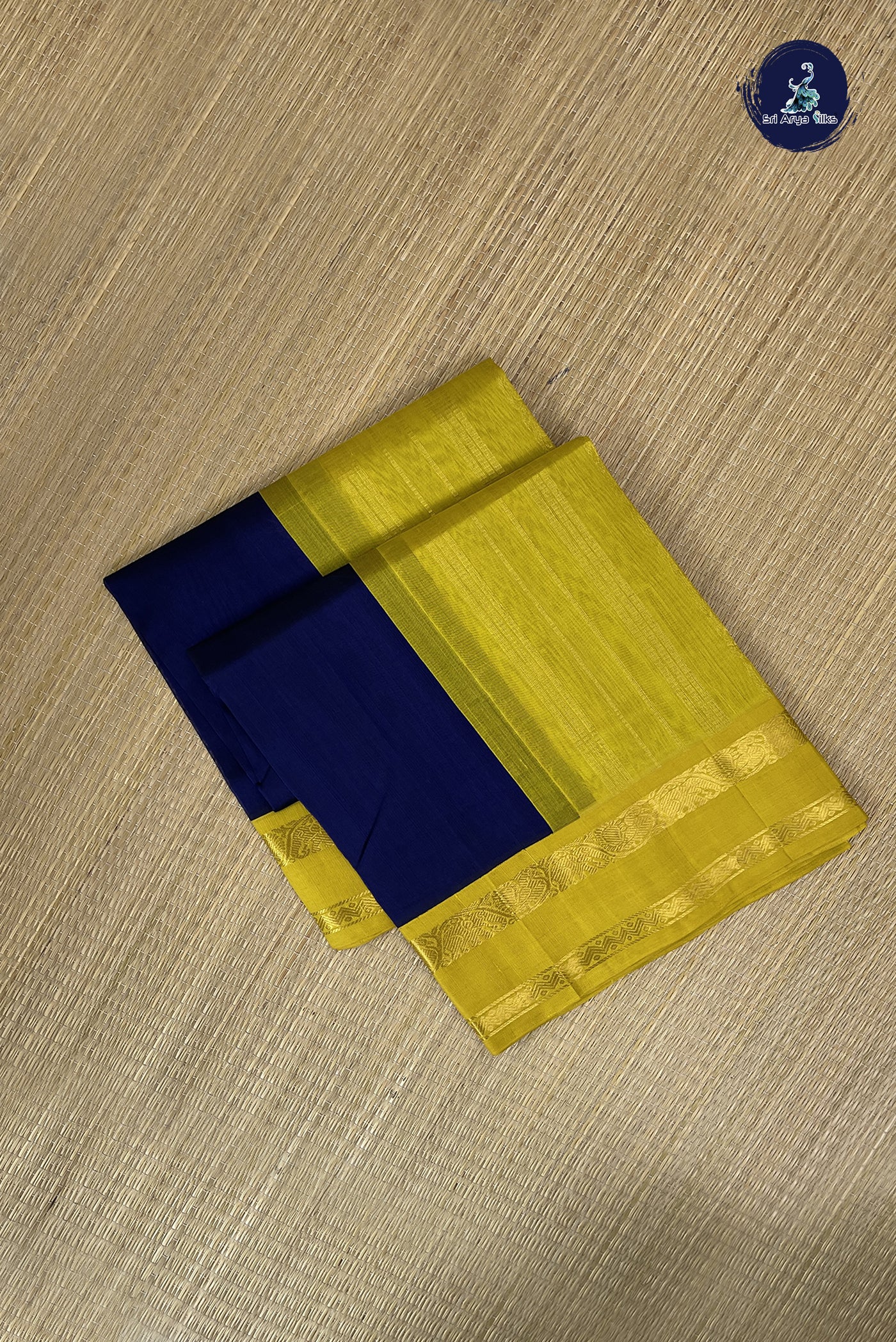 Ink Blue Korvai Silk Cotton Saree With Plain Pattern