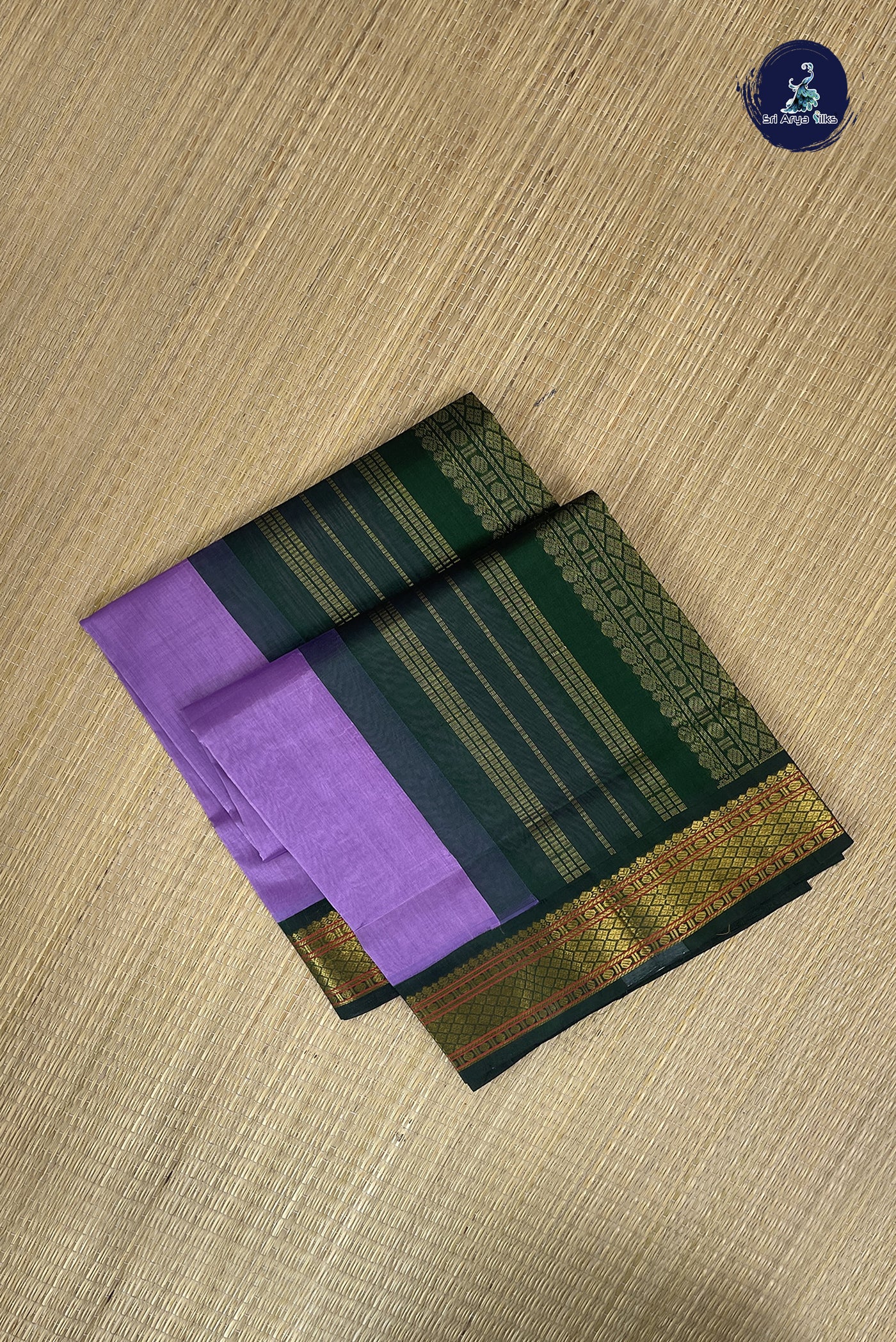 Lavender Korvai Silk Cotton Saree With Plain Pattern