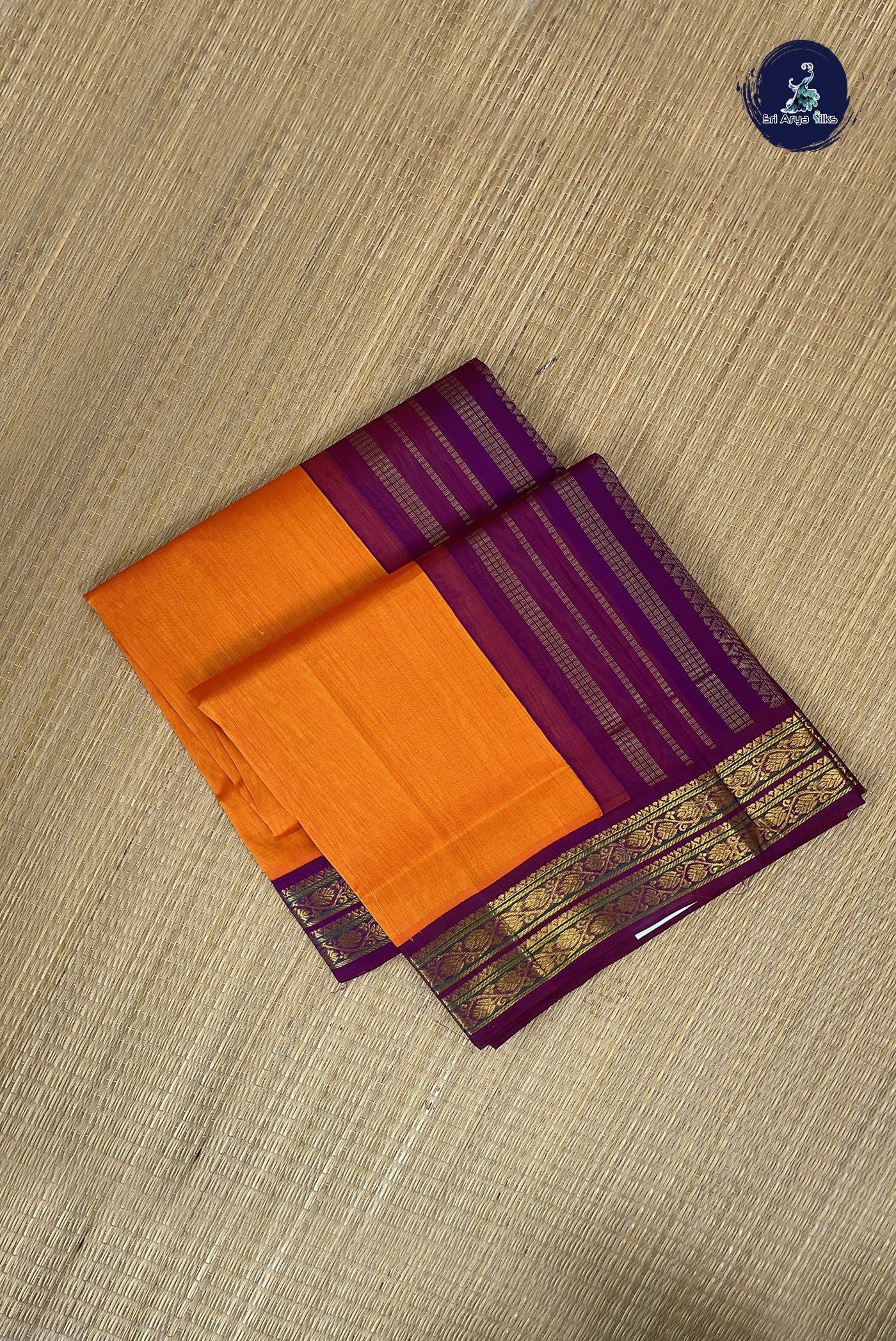Yellowish Orange Korvai Silk Cotton Saree With Plain Pattern