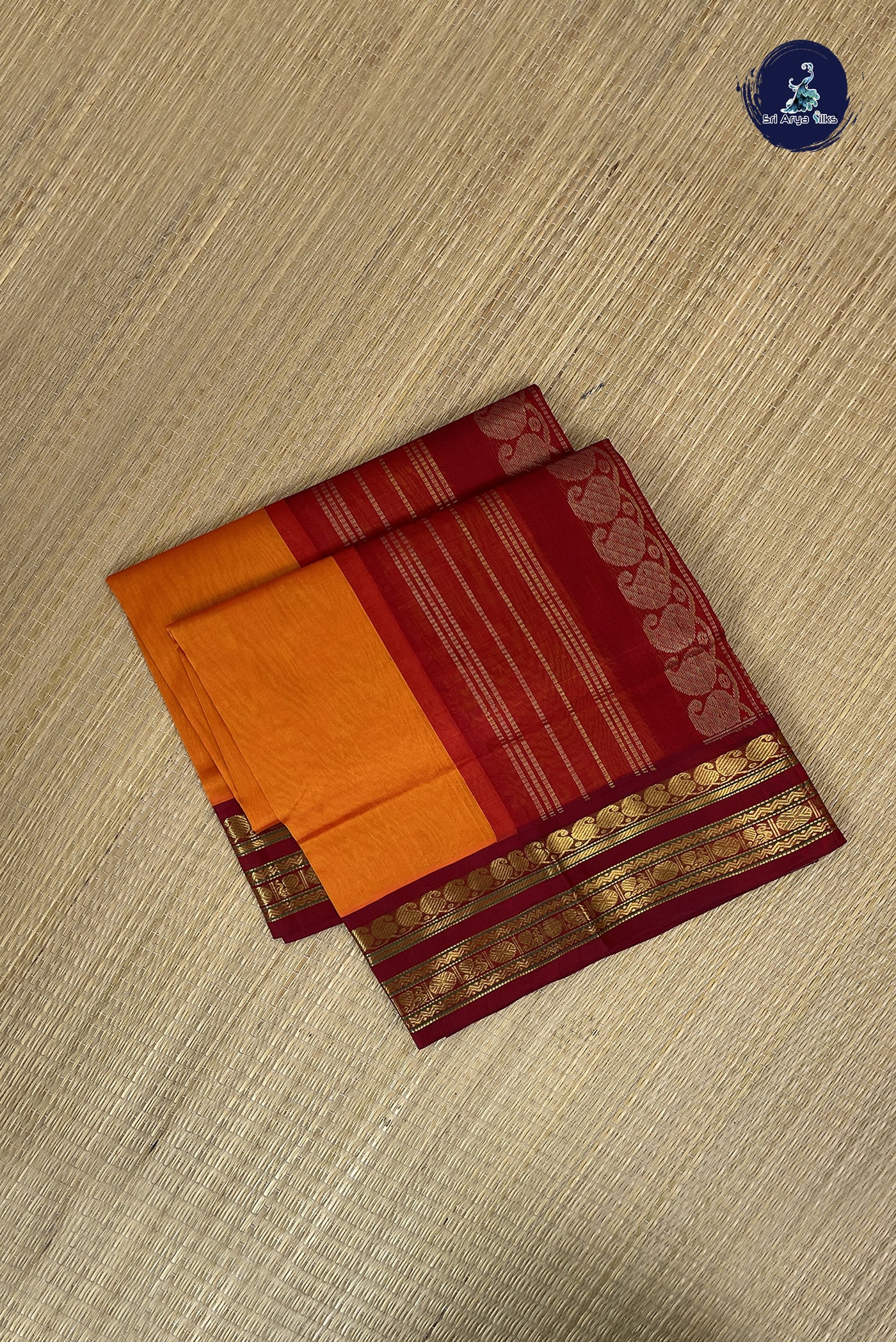 Yellowish Orange Korvai Silk Cotton Saree With Plain Pattern