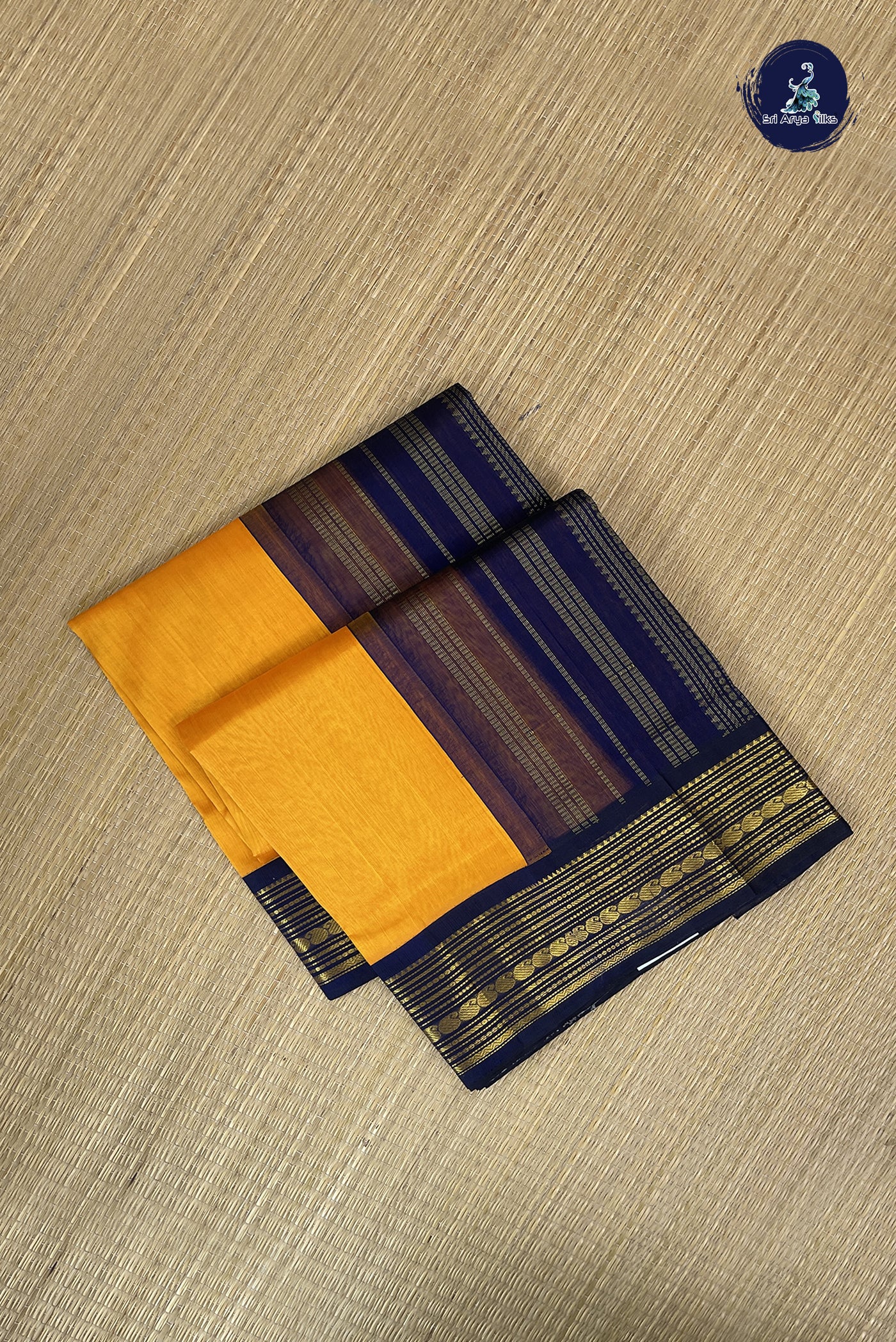 Mango Yellow Korvai Silk Cotton Saree With Plain Pattern