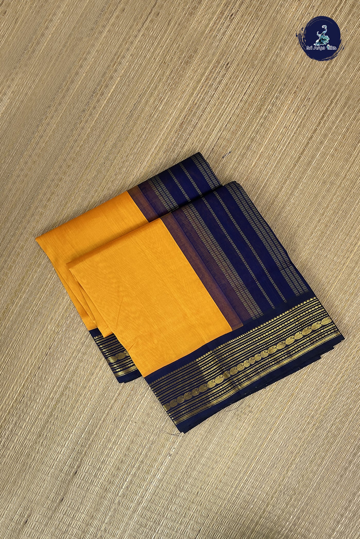 Mango Yellow Korvai Silk Cotton Saree With Plain Pattern