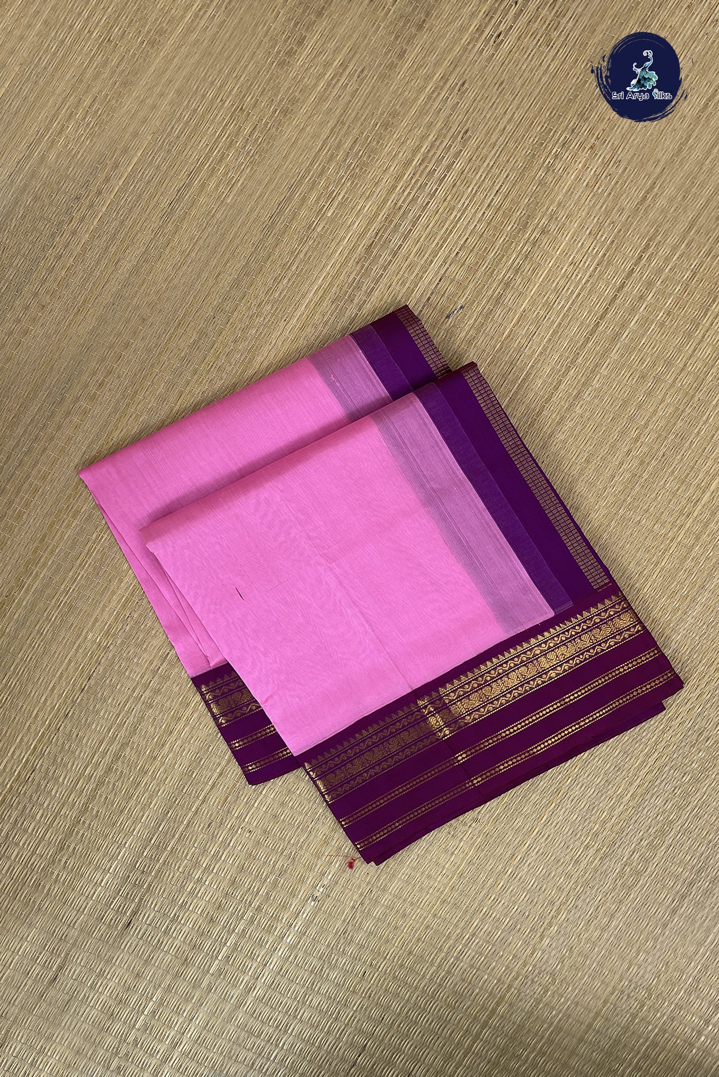 Baby Pink Korvai Silk Cotton Saree With Plain Pattern