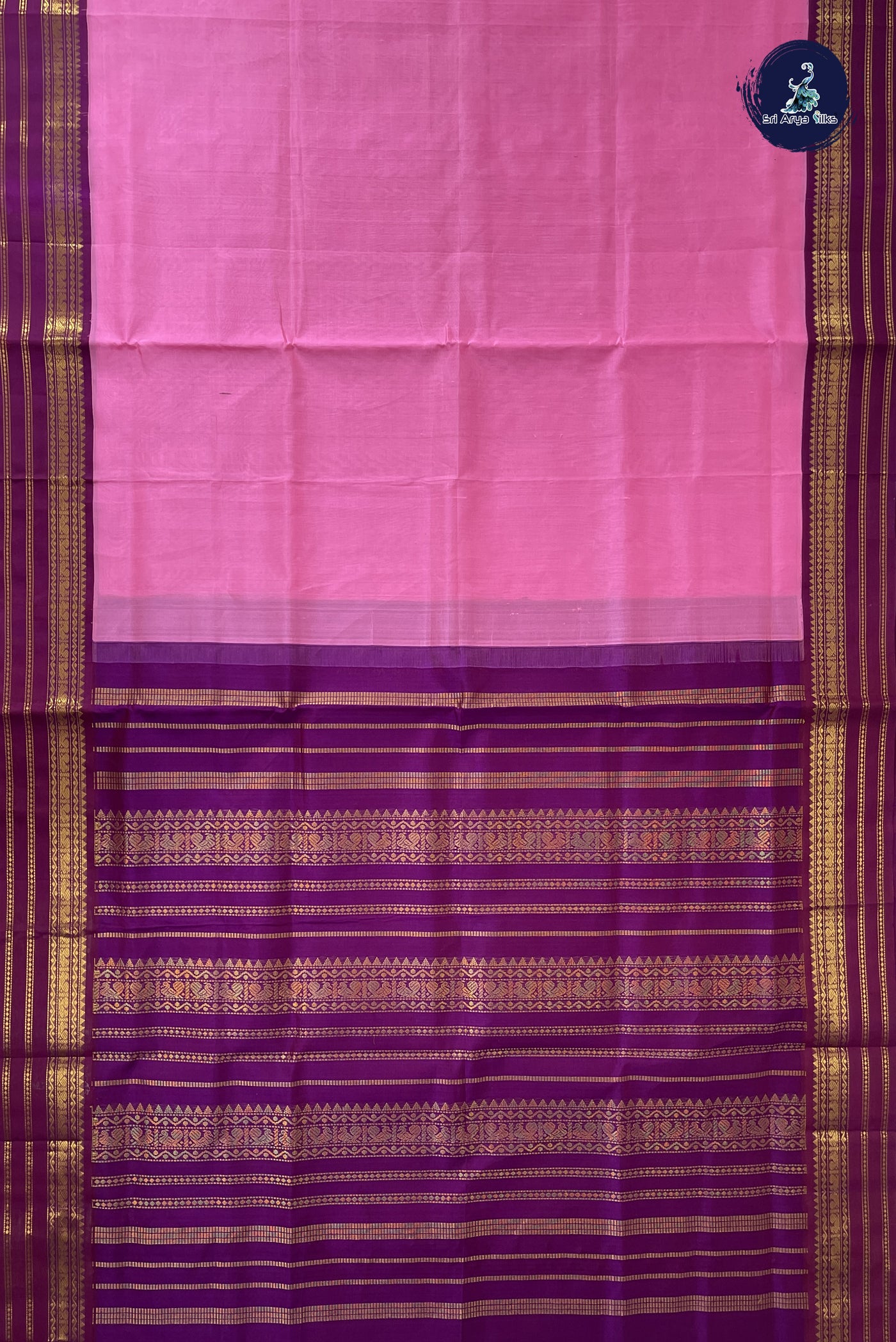 Baby Pink Korvai Silk Cotton Saree With Plain Pattern
