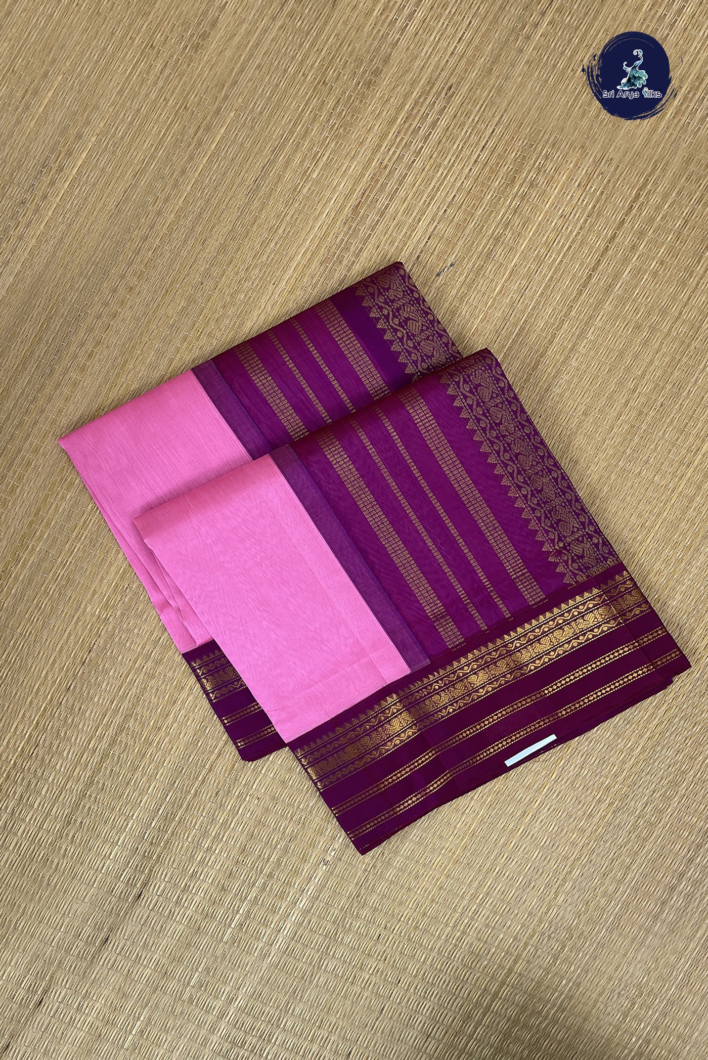 Baby Pink Korvai Silk Cotton Saree With Plain Pattern