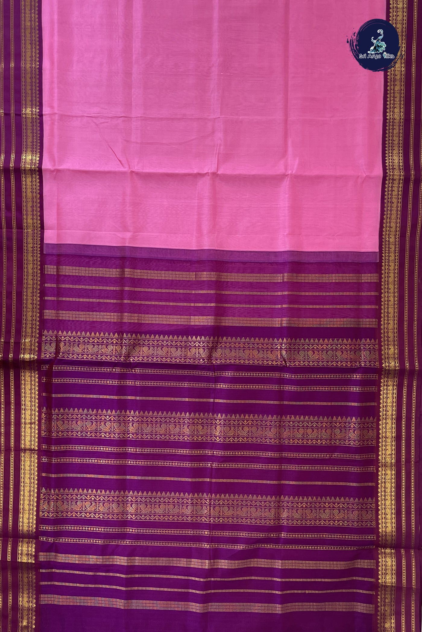 Baby Pink Korvai Silk Cotton Saree With Plain Pattern