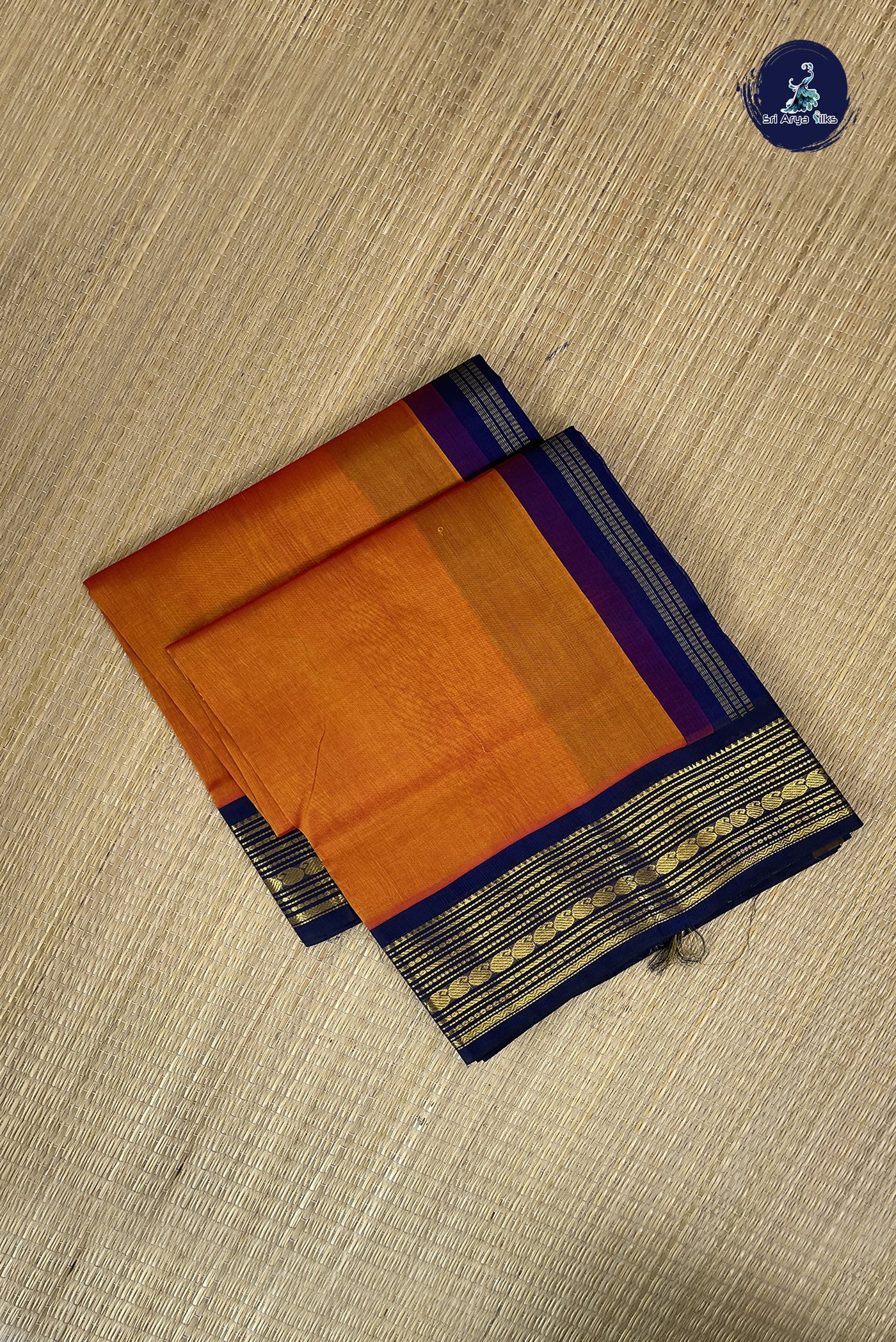 Lite Mustard Orange Korvai Silk Cotton Saree With Plain Pattern