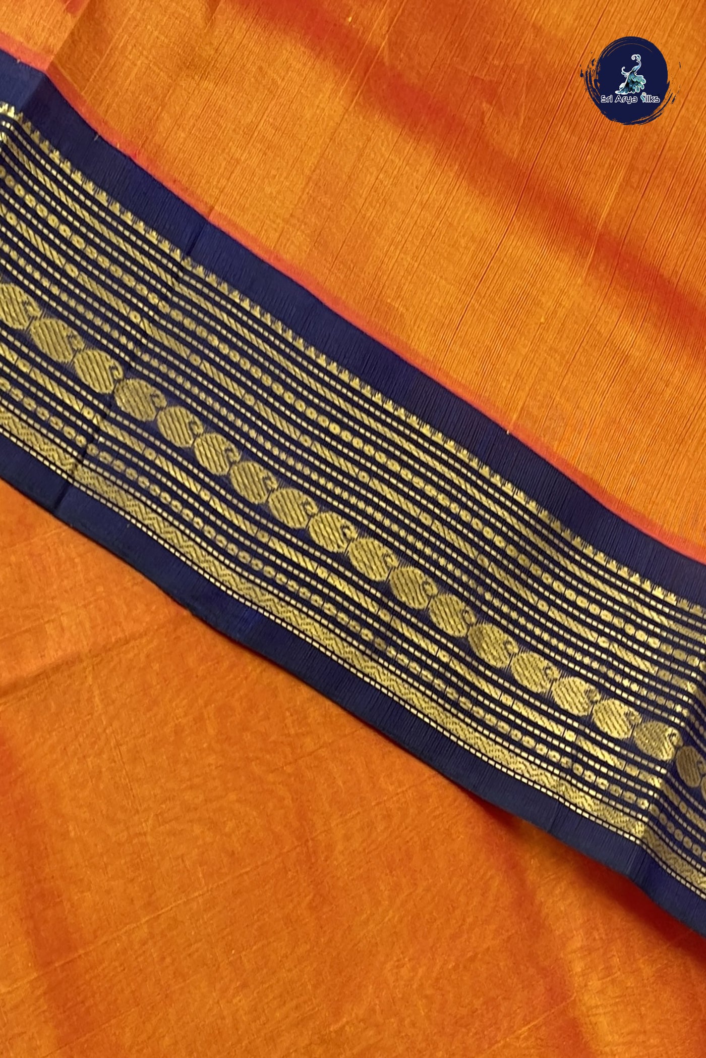 Lite Mustard Orange Korvai Silk Cotton Saree With Plain Pattern
