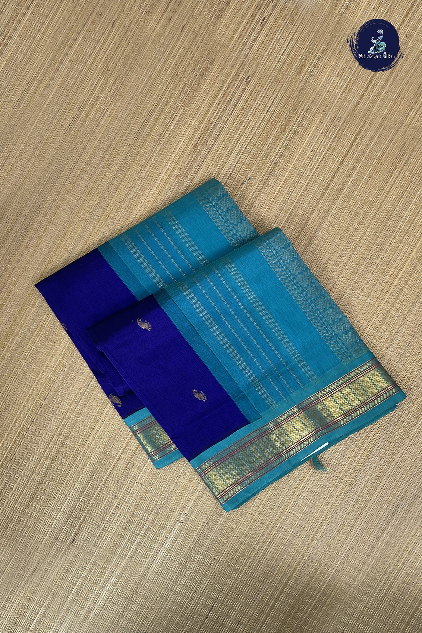 MS Blue Korvai Silk Cotton Saree With Zari Buttas Pattern