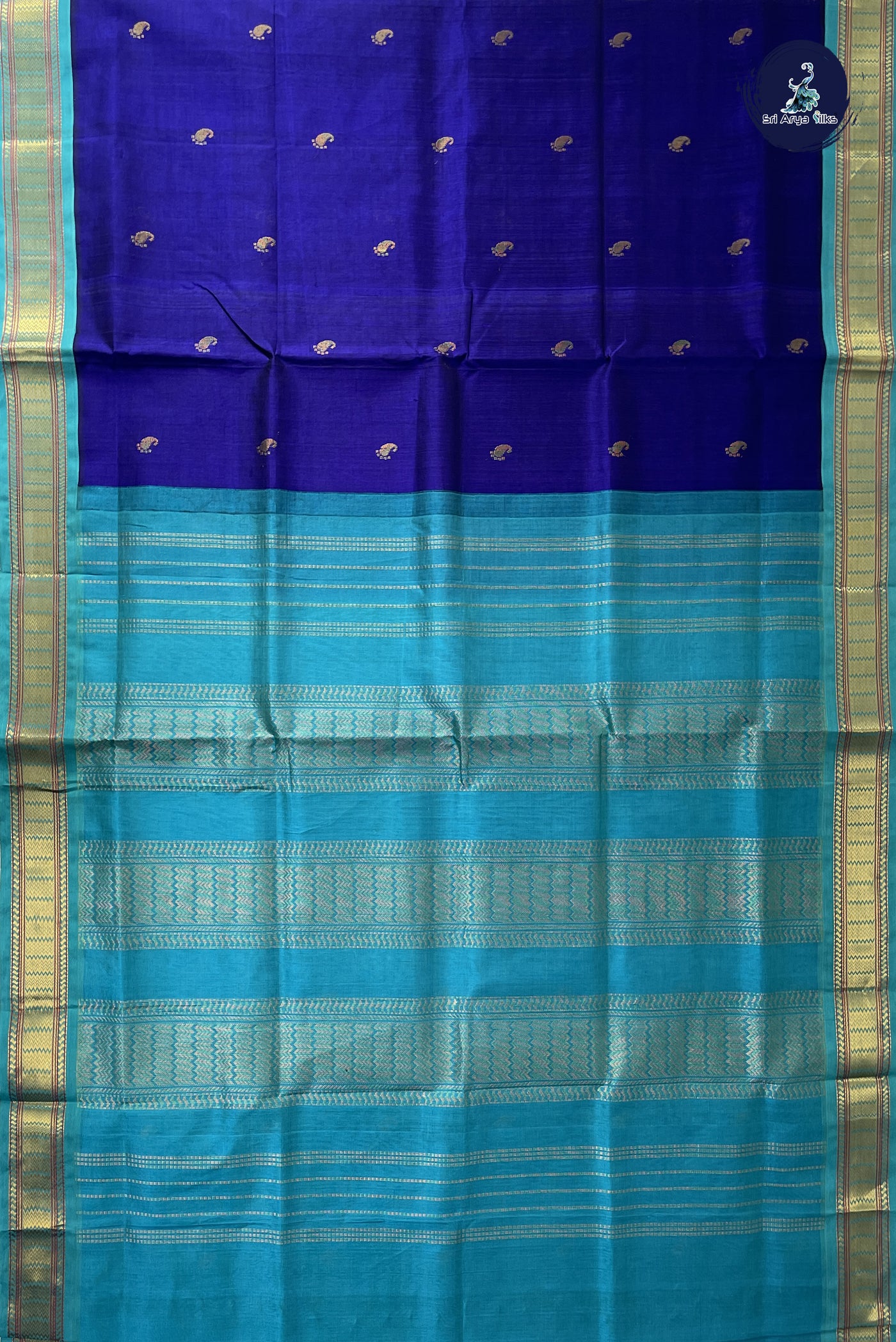MS Blue Korvai Silk Cotton Saree With Zari Buttas Pattern
