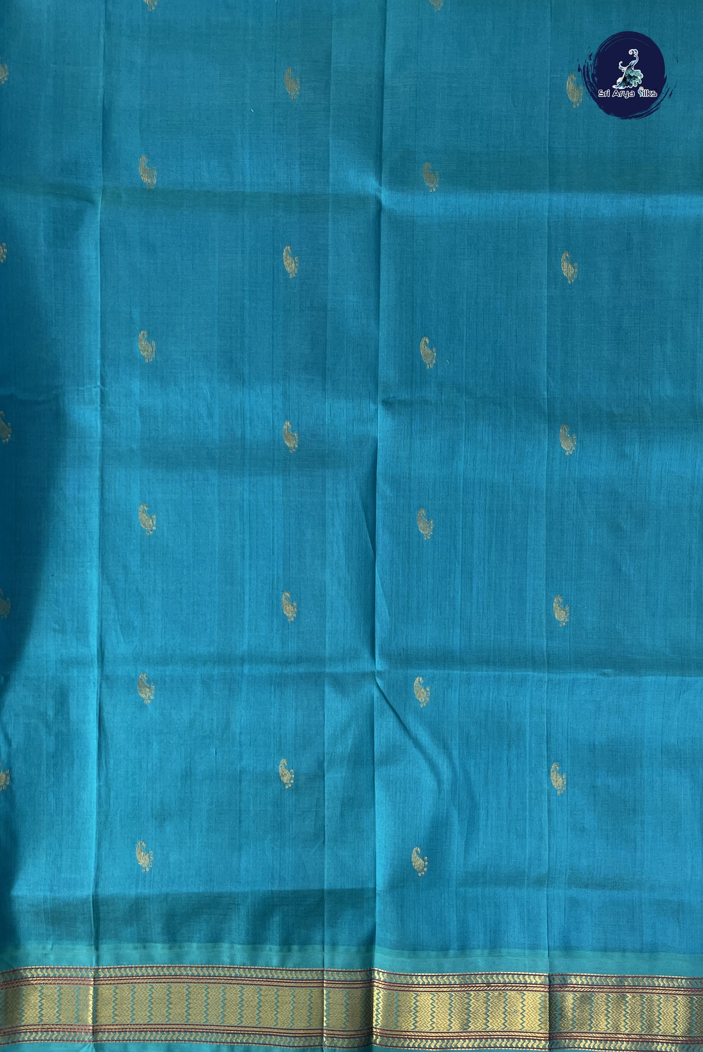 MS Blue Korvai Silk Cotton Saree With Zari Buttas Pattern