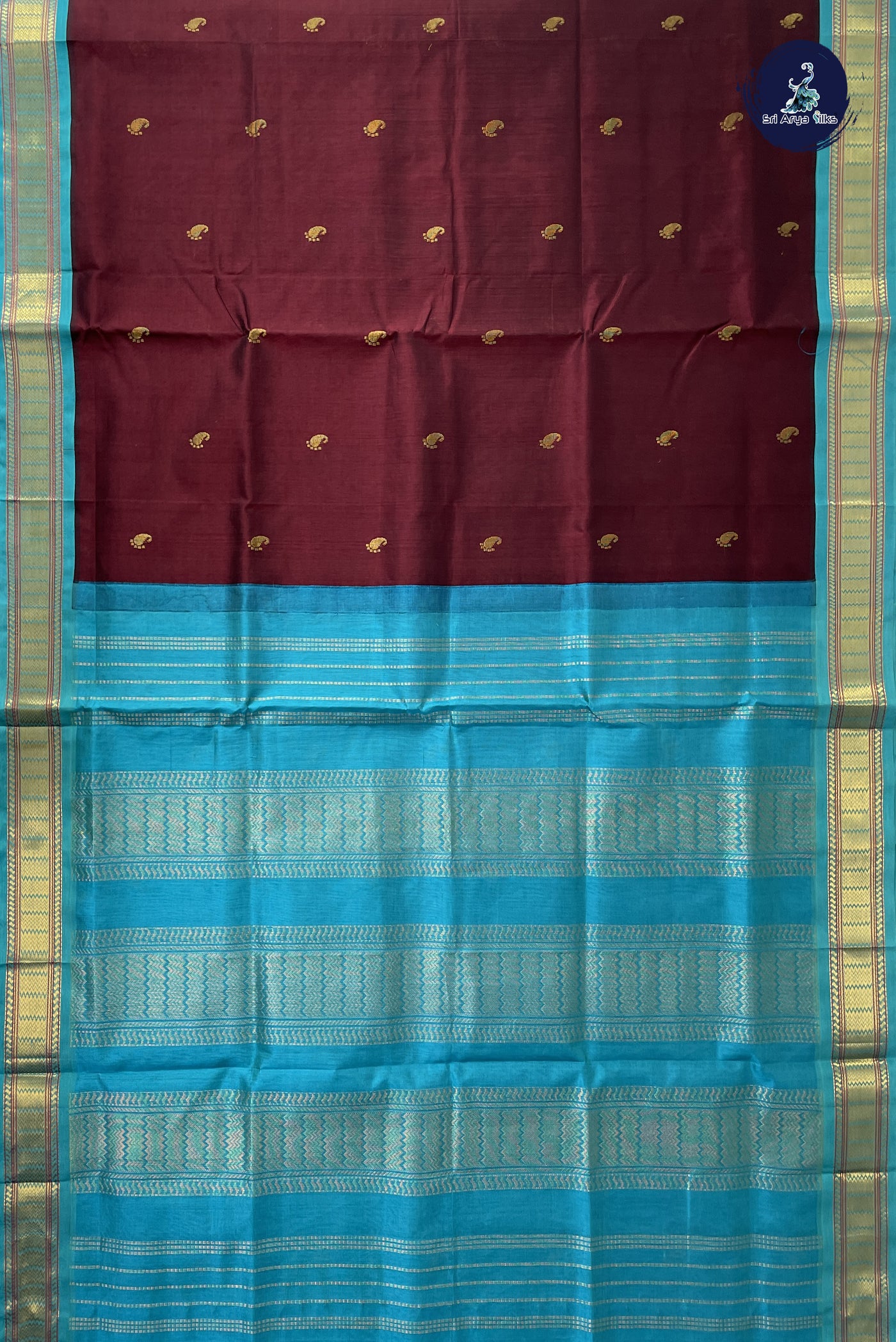 Brown Korvai Silk Cotton Saree With Zari Buttas Pattern