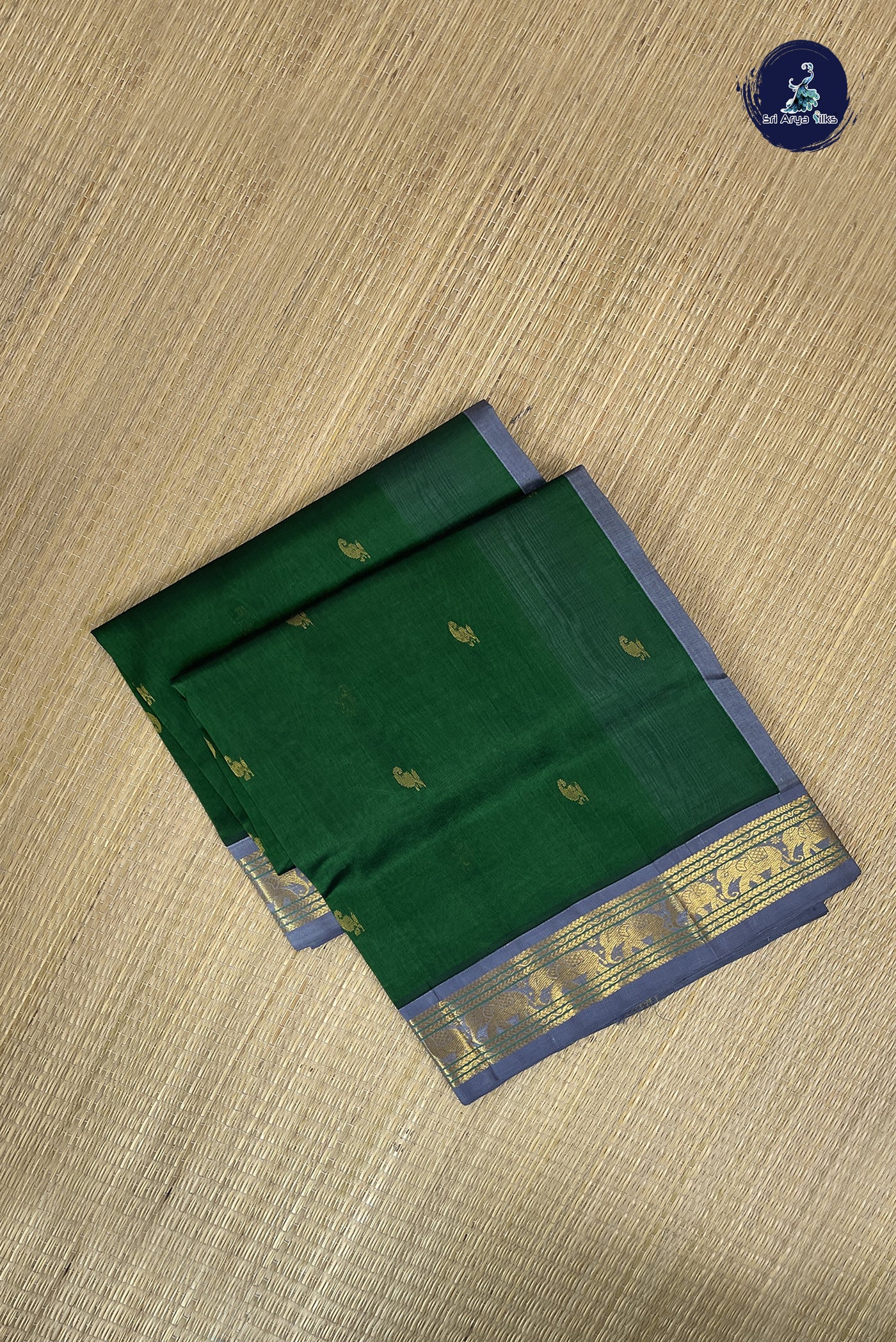 Bottle Green Korvai Silk Cotton Saree With Zari Buttas Pattern