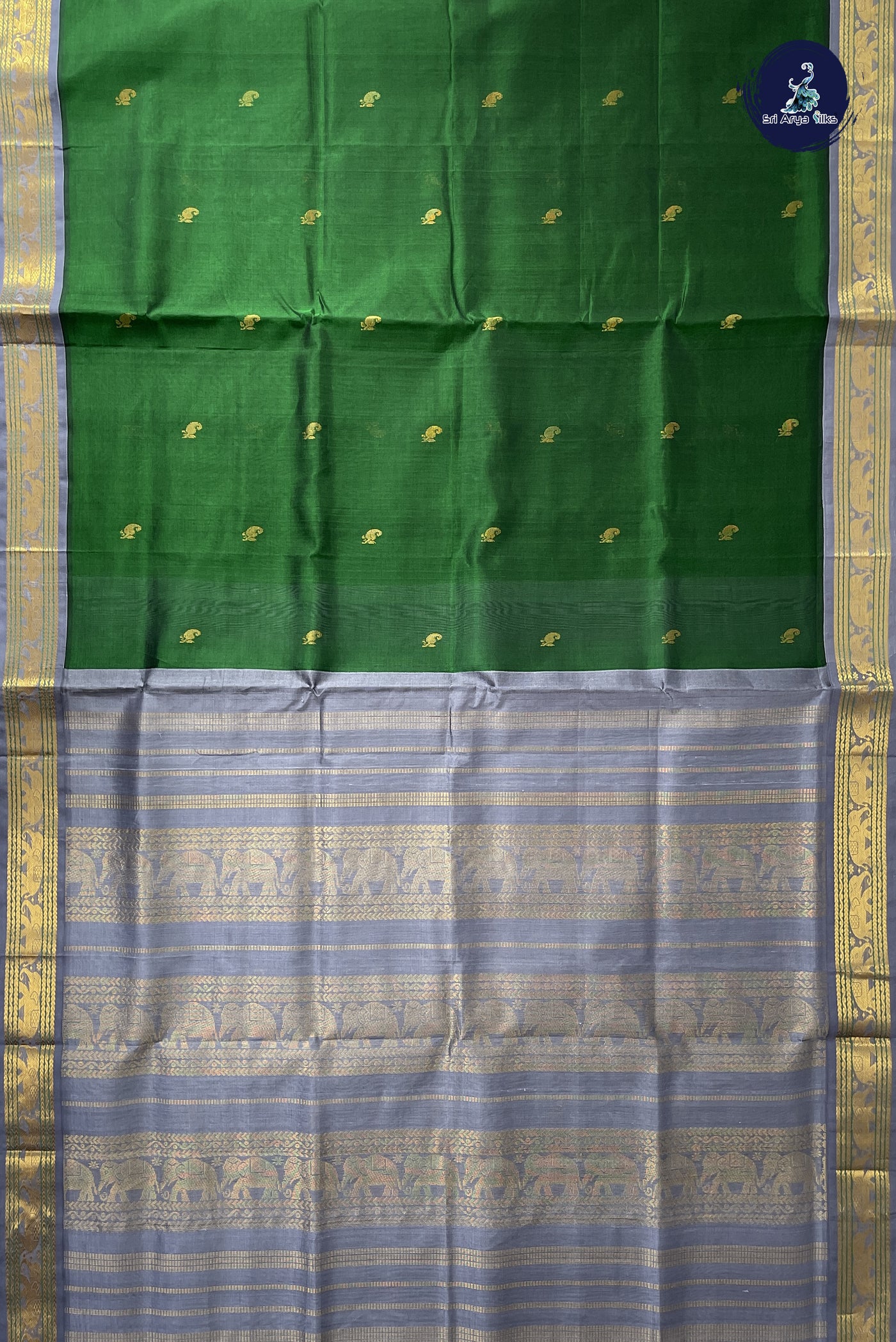 Bottle Green Korvai Silk Cotton Saree With Zari Buttas Pattern