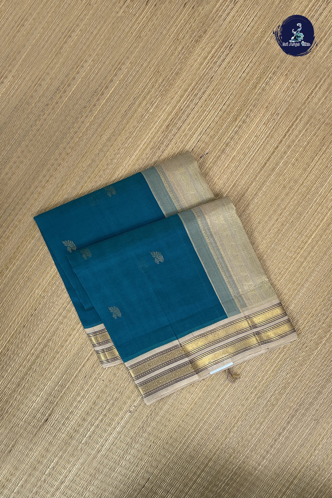 Teal Korvai Silk Cotton Saree With Zari Buttas Pattern